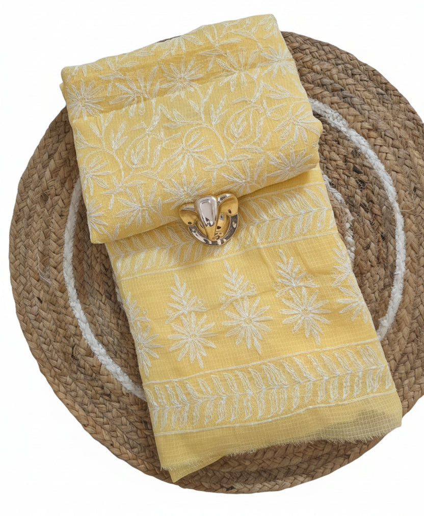 Authentic Chikankari Lemon Yellow two piece Kota Cotton Suit dress Material