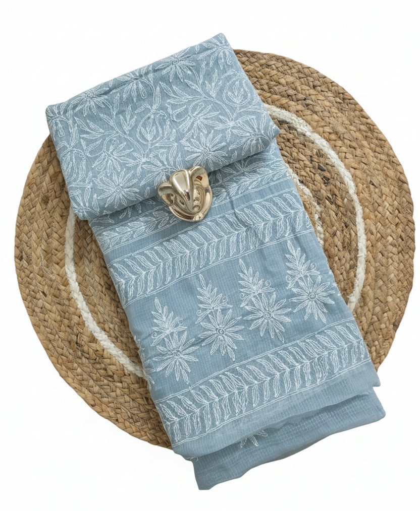 Authentic Chikankari Gray two piece Kota Cotton Suit dress Material