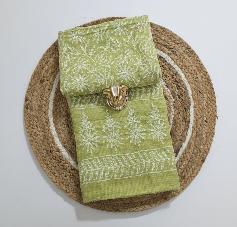 Authentic Chikankari Lime Green two piece Kota Cotton Suit dress Material