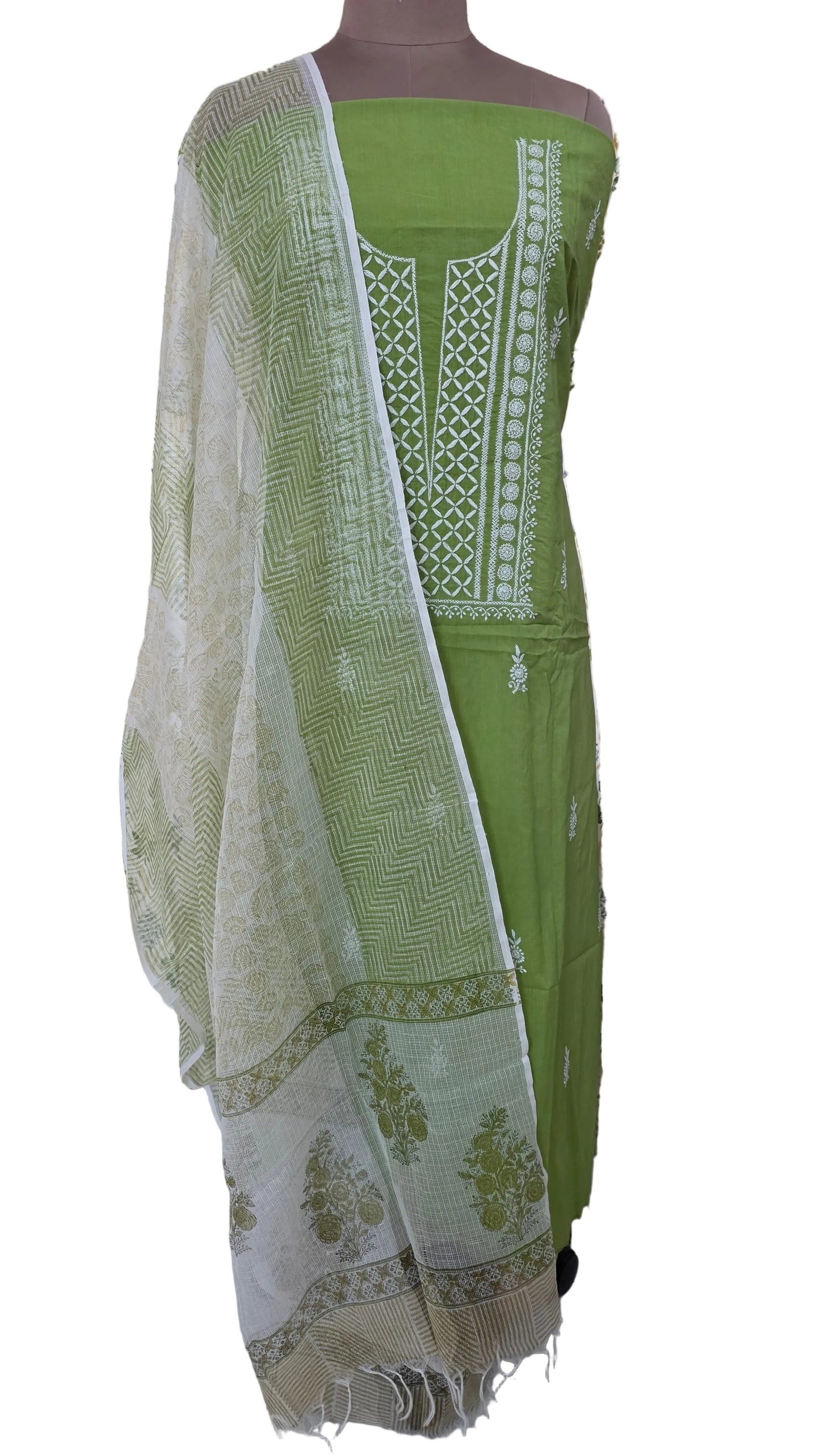 Olive Green Chikankari Three Piece Suit set with Kota Dupatta