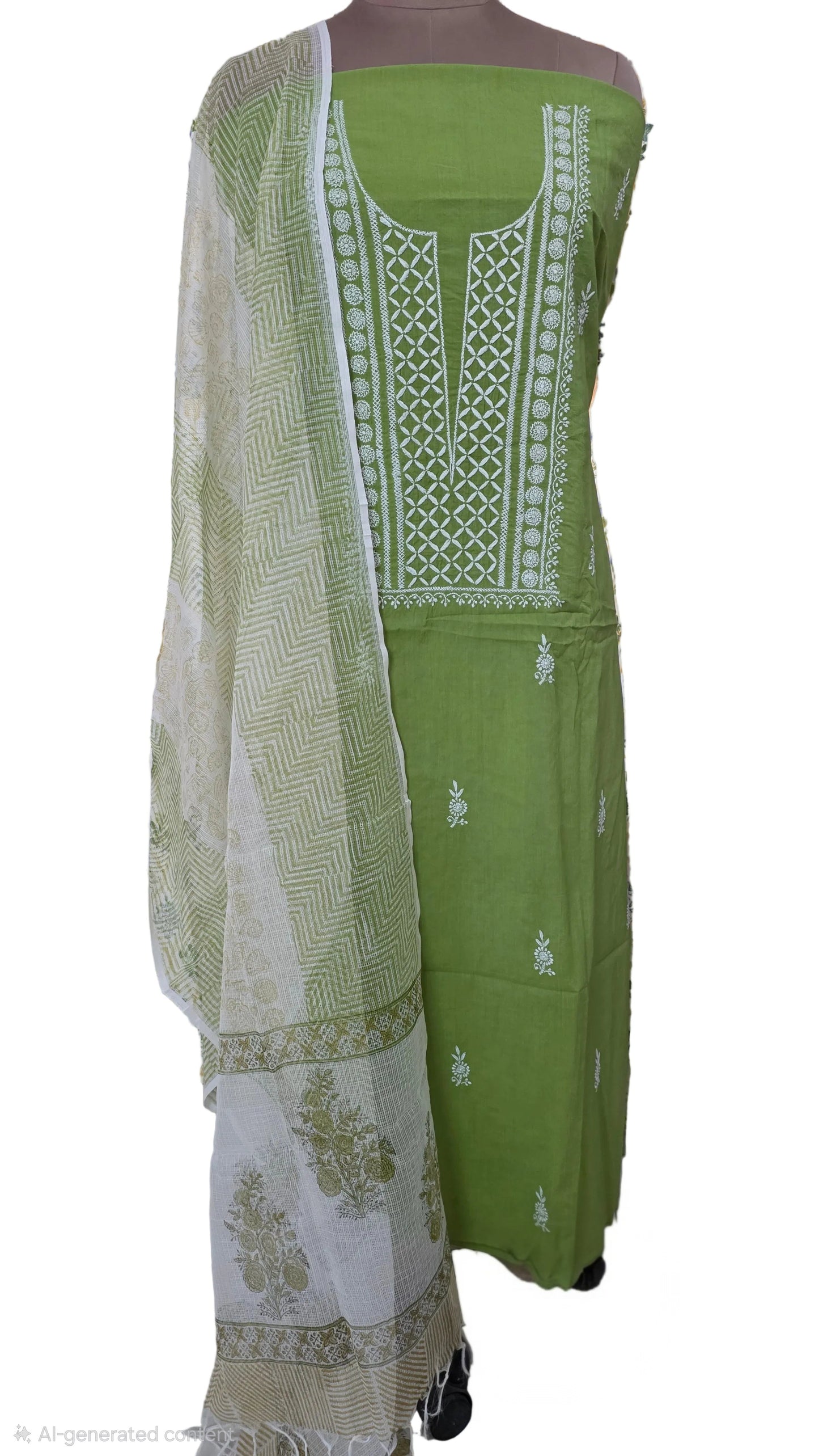 Olive Green Chikankari Three Piece Suit set with Kota Dupatta