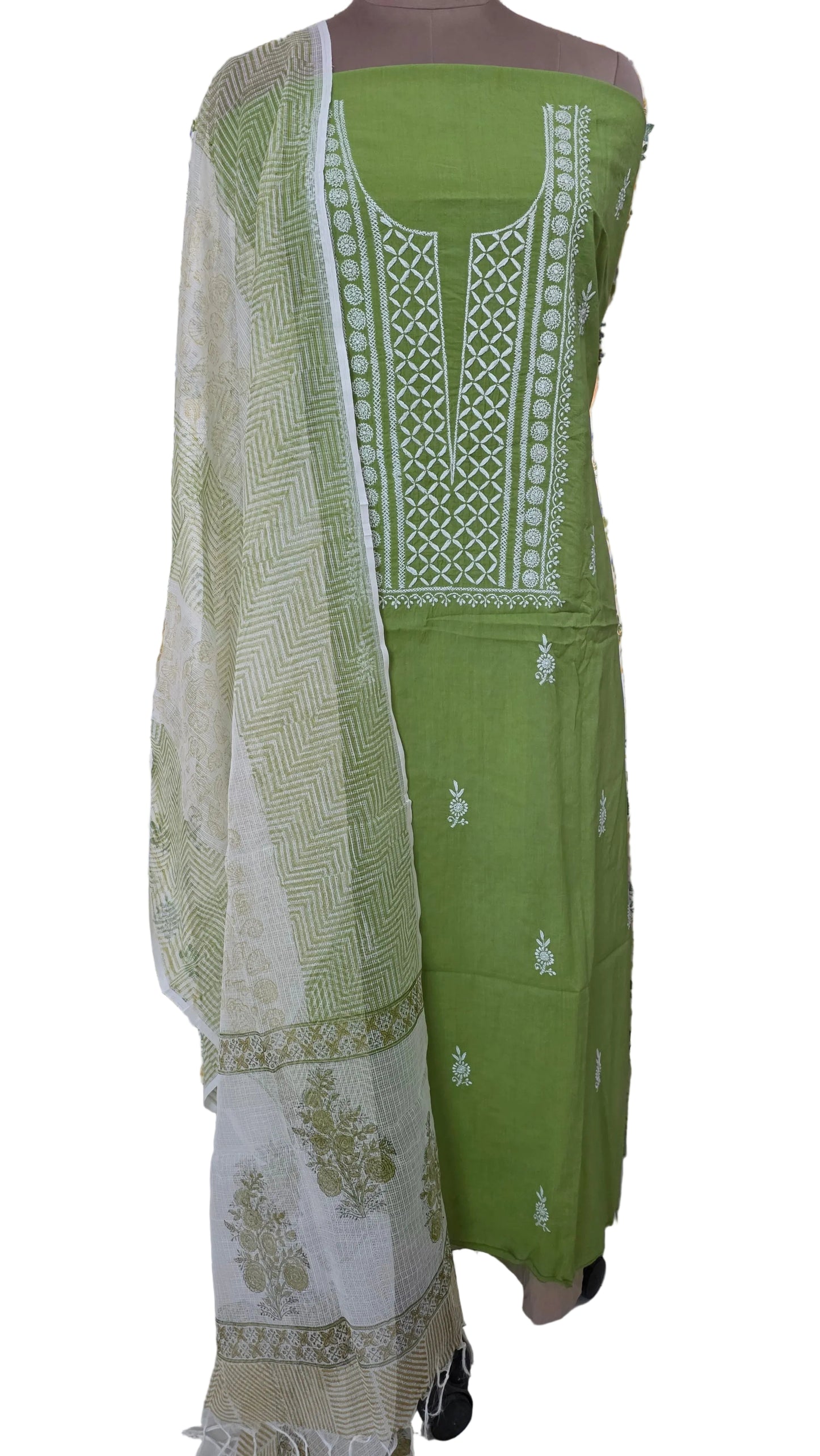 Olive Green Chikankari Three Piece Suit set with Kota Dupatta