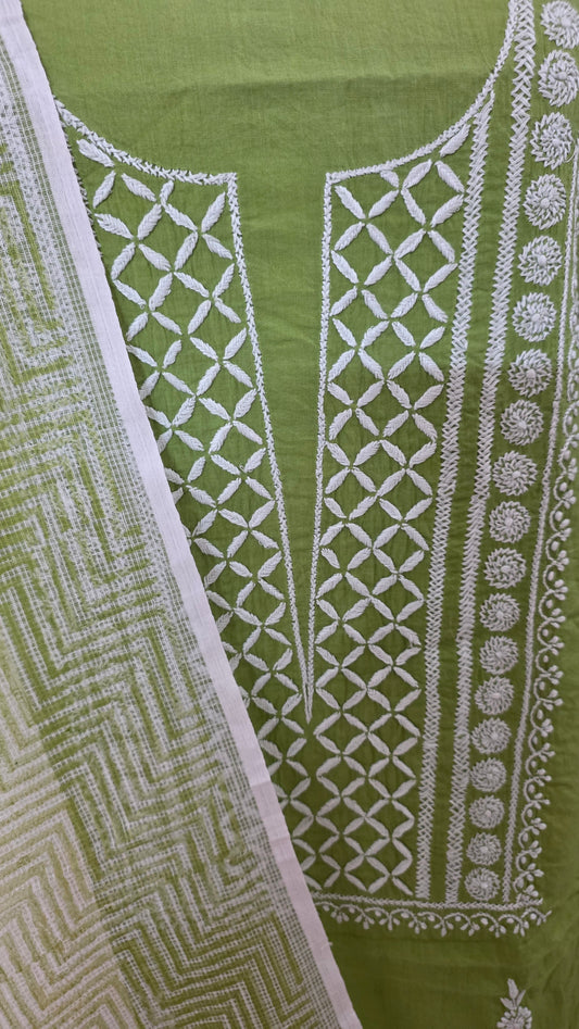Olive Green Chikankari Three Piece Suit set with Kota Dupatta