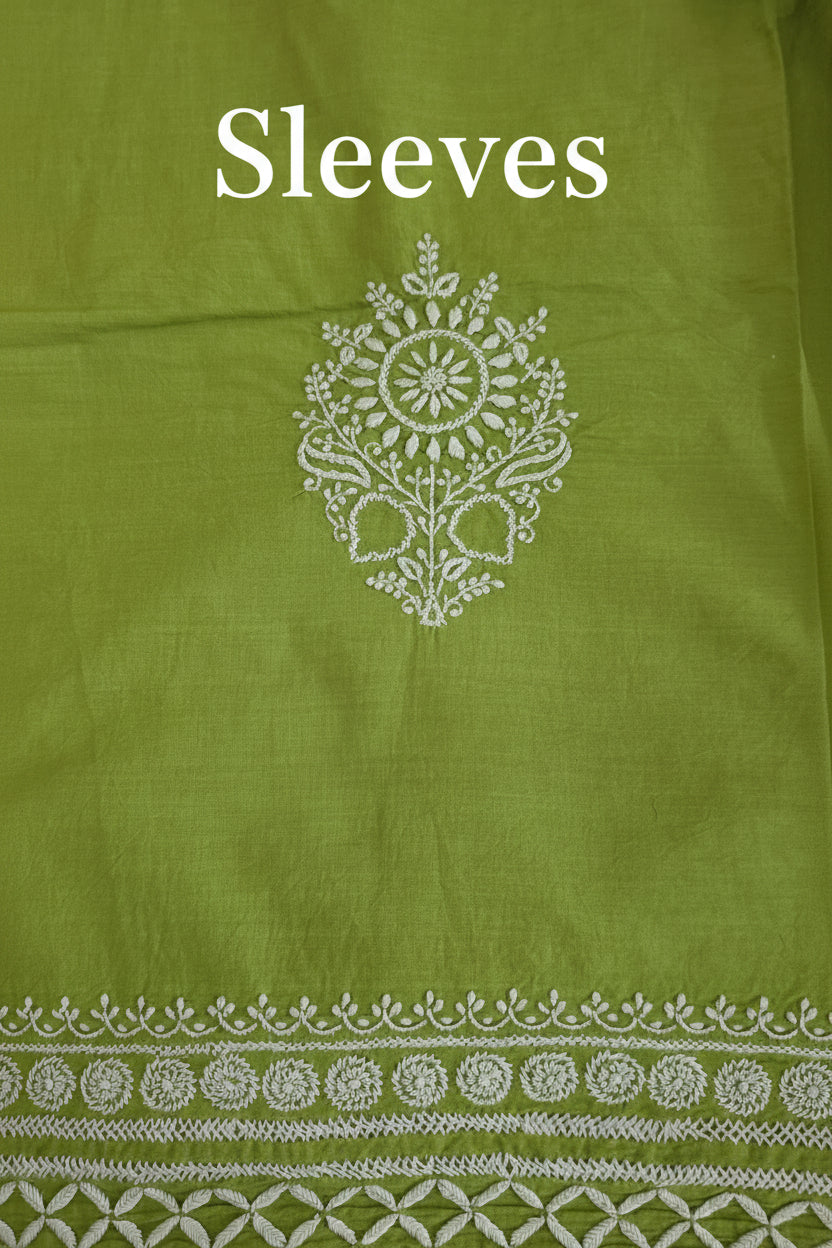 Olive Green Chikankari Three Piece Suit set with Kota Dupatta