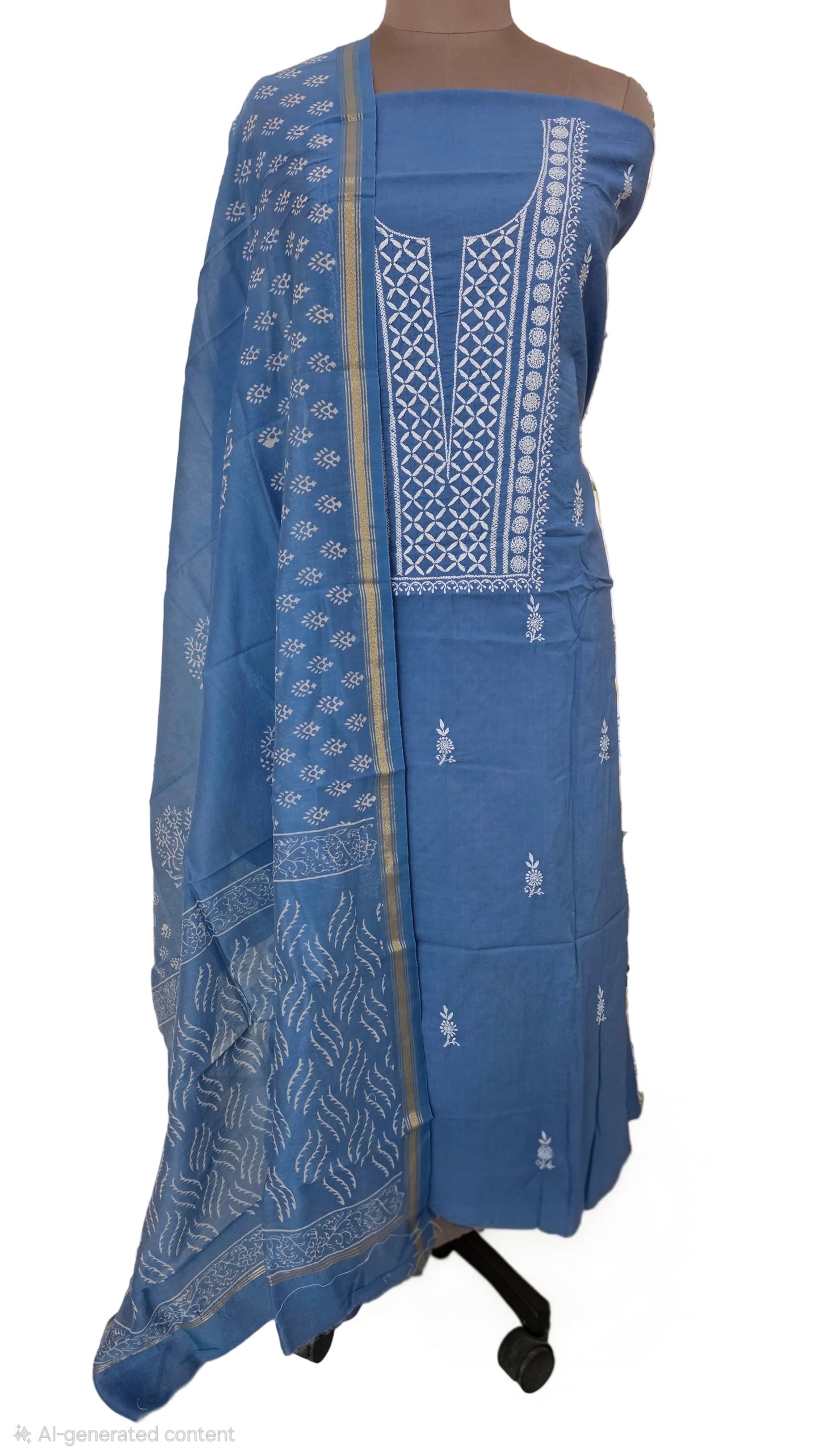 Sky Blue Chikankari Three Piece Suit set with Chanderi Dupatta