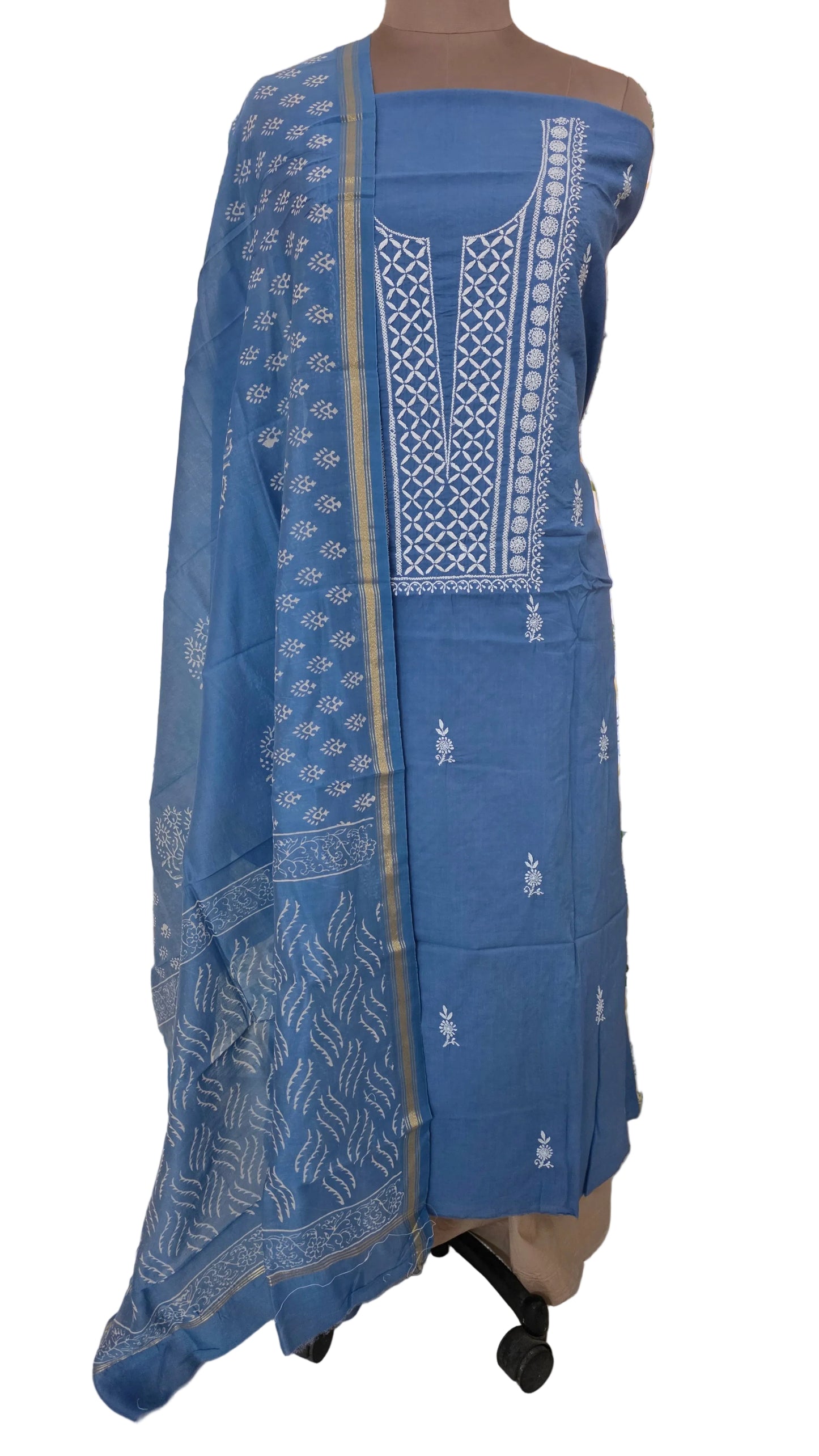 Sky Blue Chikankari Three Piece Suit set with Chanderi Dupatta