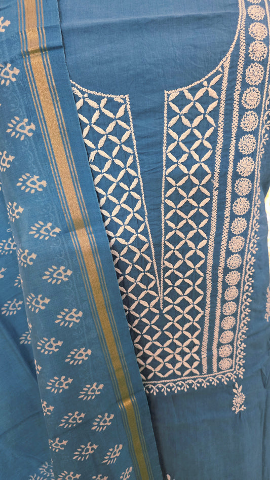 Sky Blue Chikankari Three Piece Suit set with Chanderi Dupatta