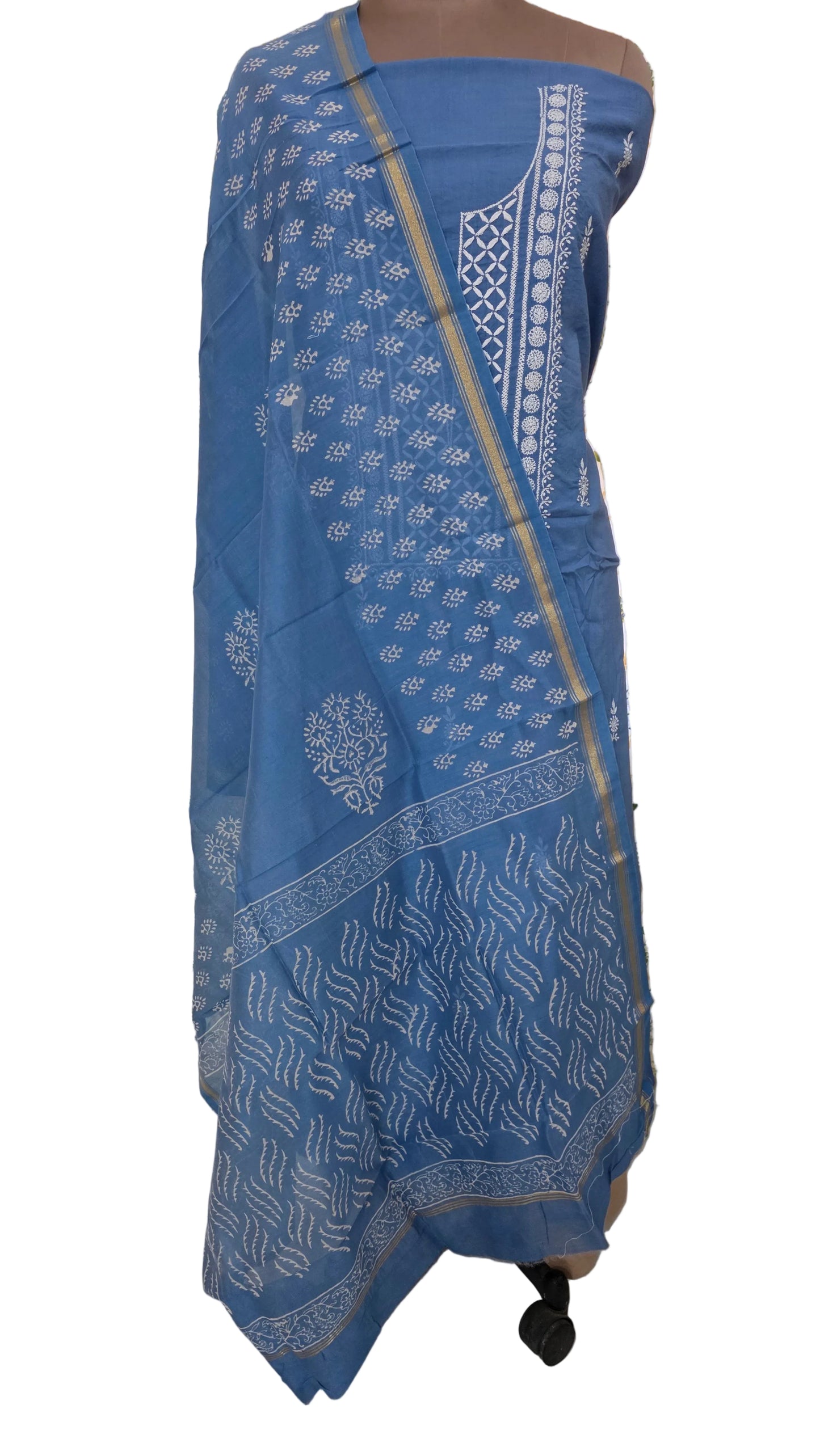 Sky Blue Chikankari Three Piece Suit set with Chanderi Dupatta