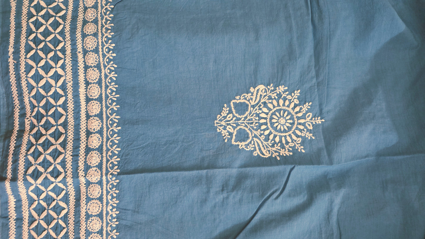 Sky Blue Chikankari Three Piece Suit set with Chanderi Dupatta
