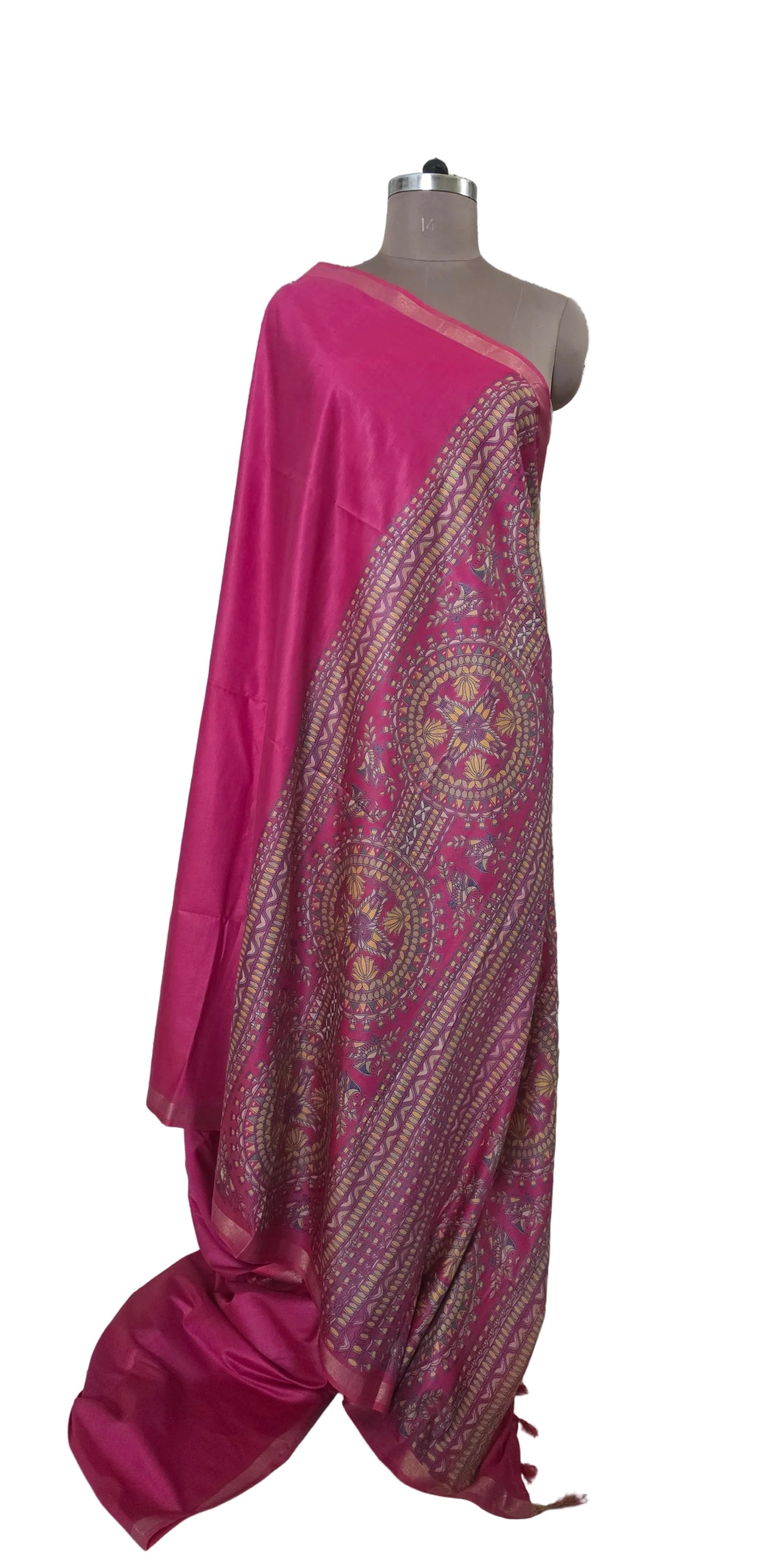 Magenta Soft Silk Madhubani Printed Saree