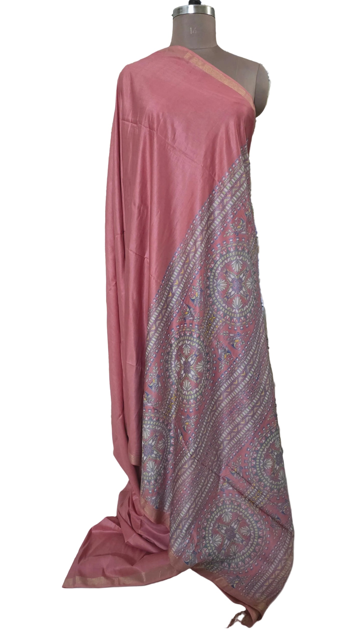 Powder Pink Soft Silk Madhubani Printed Saree