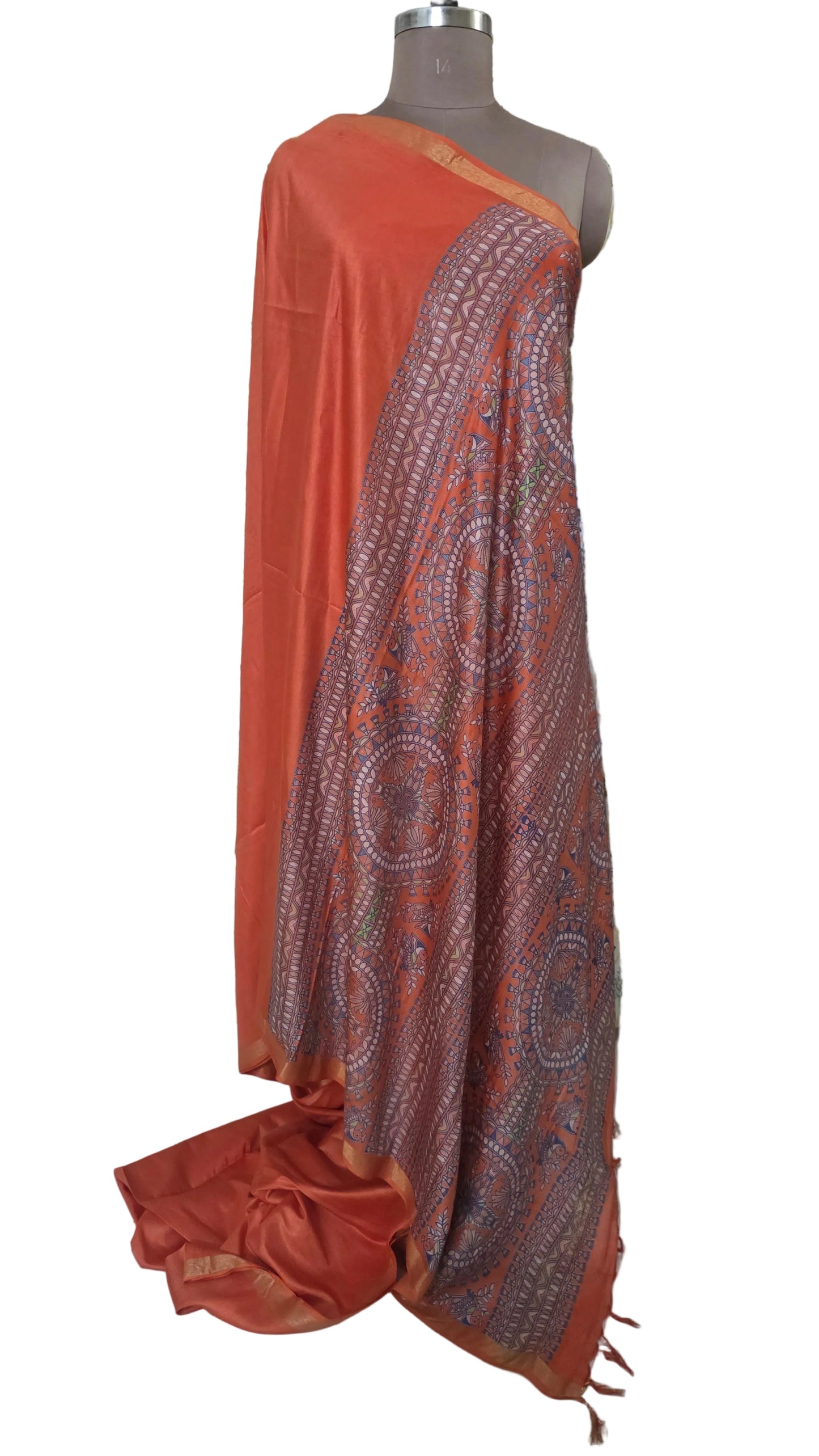 Orange Soft Silk Madhubani Printed Saree