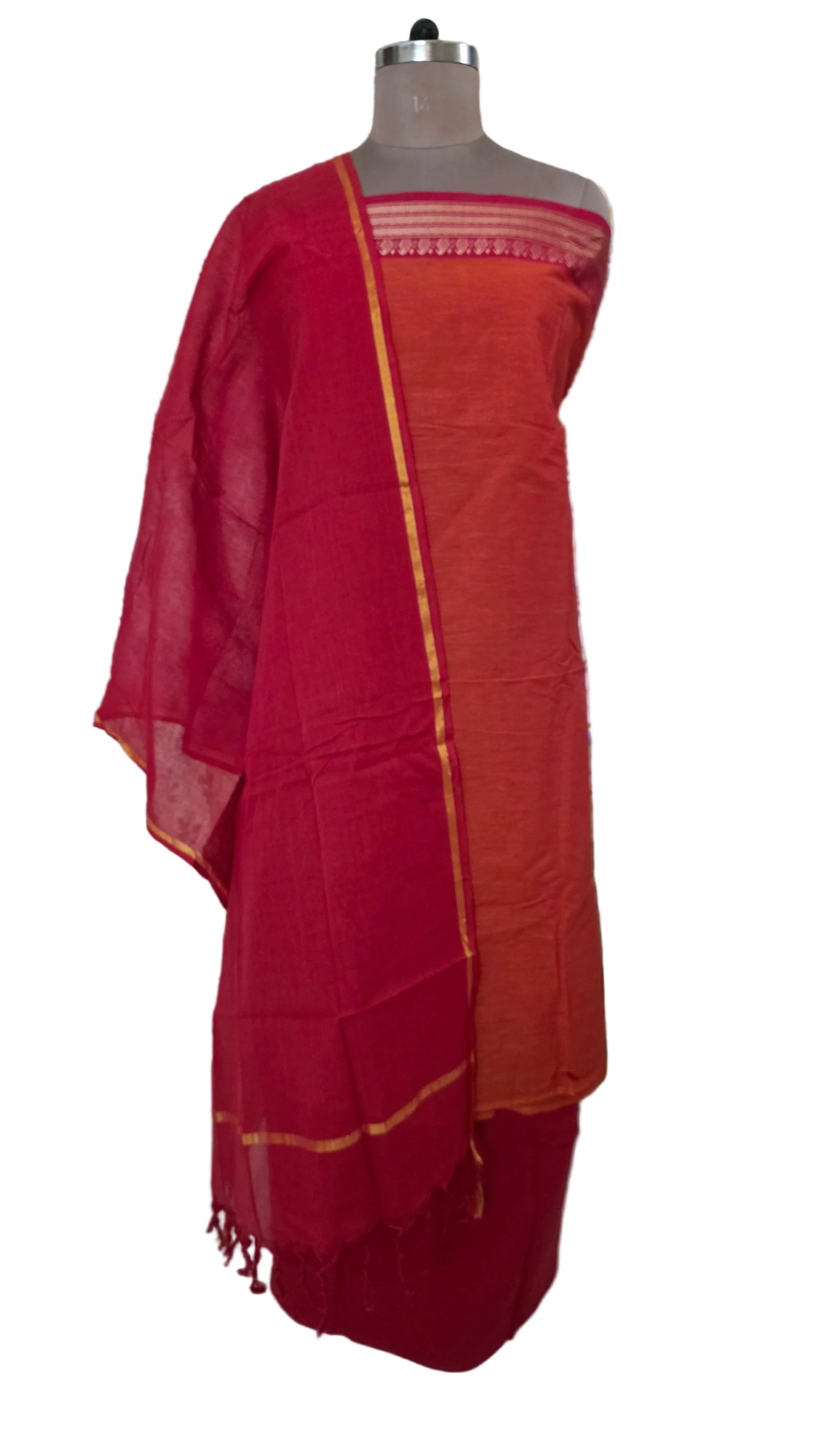 Orange Red Mangalagiri Handloom Pure South Cotton Suit Dress Material