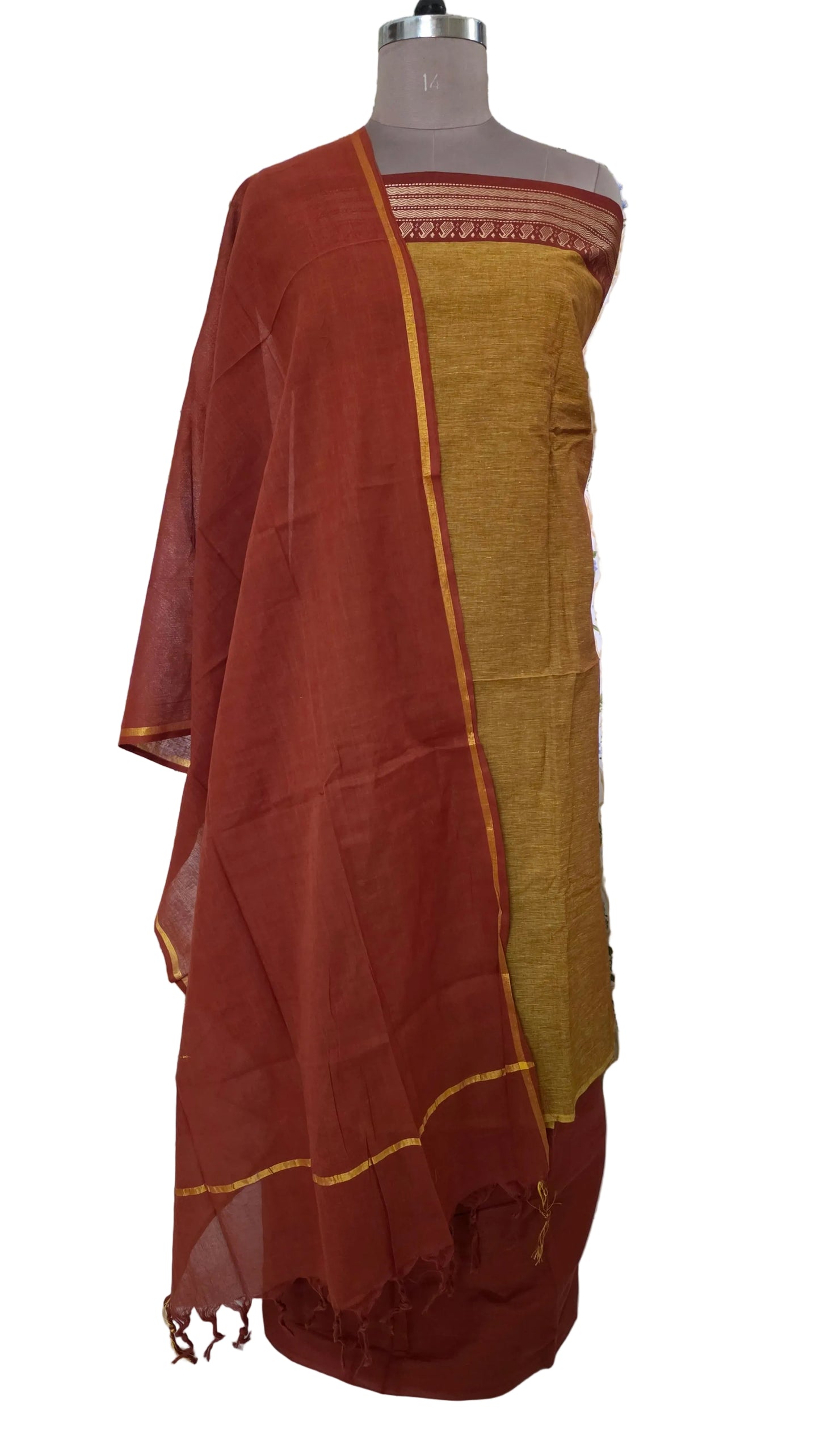 Mustard Brown Mangalagiri Handloom Pure South Cotton Suit Dress Material