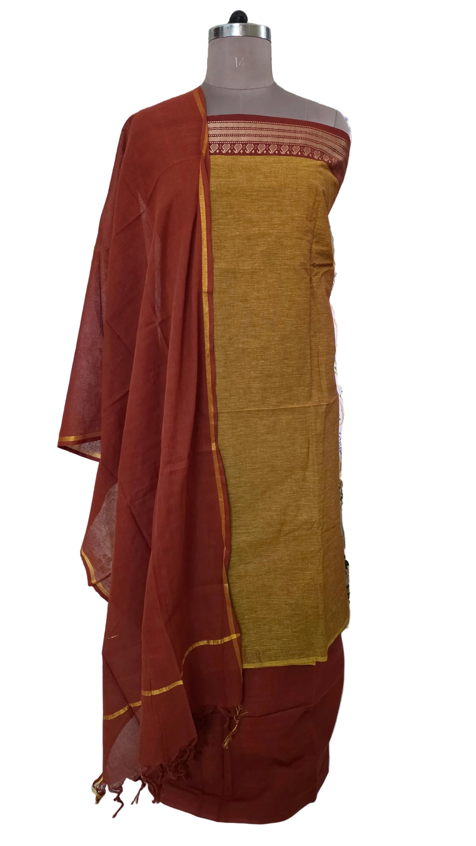 Mustard Brown Mangalagiri Handloom Pure South Cotton Suit Dress Materi – Ethnic's By Anvi Creations