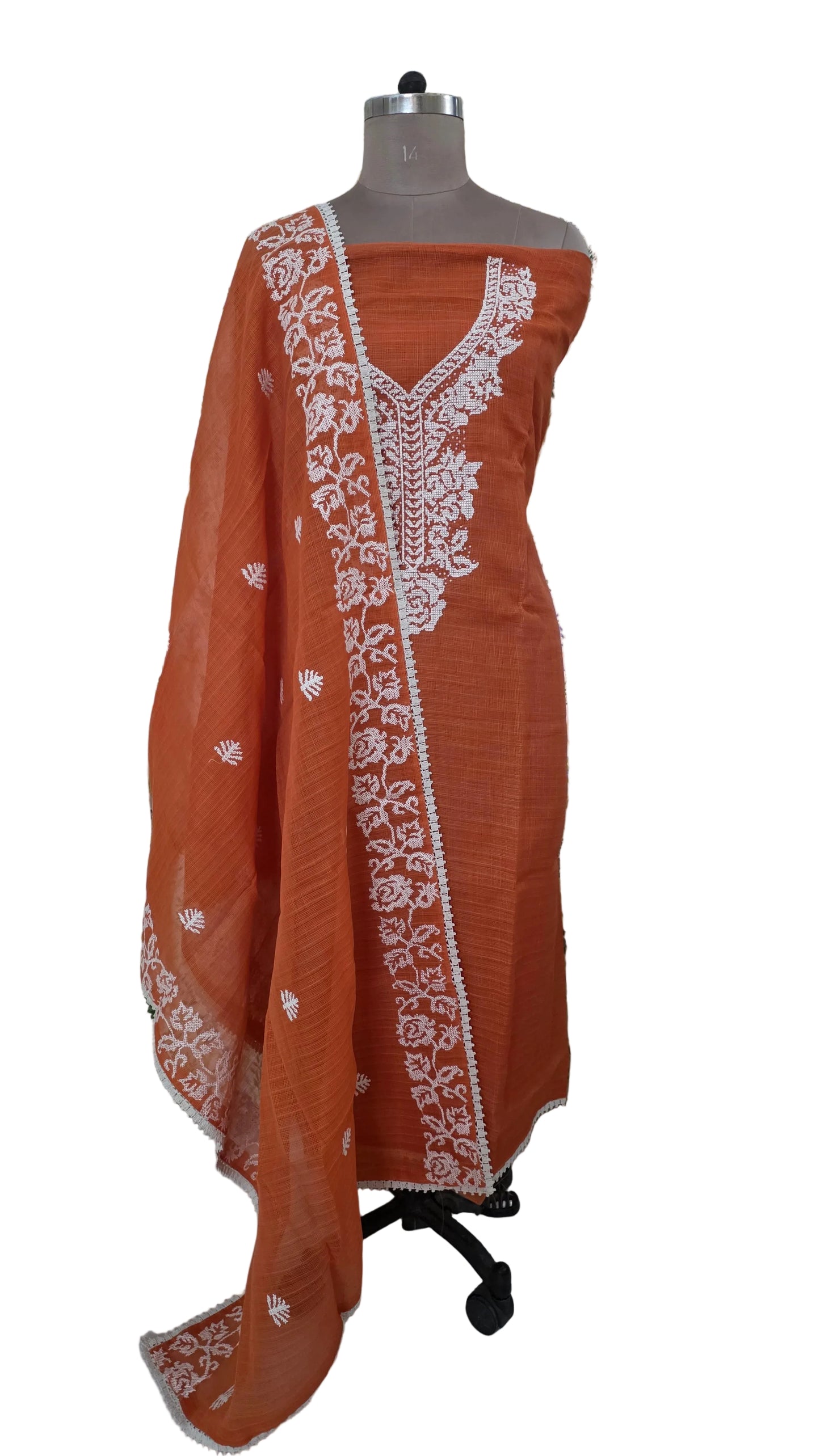 Rust Orange three piece Kota Cotton Cross stitch work suit dress material