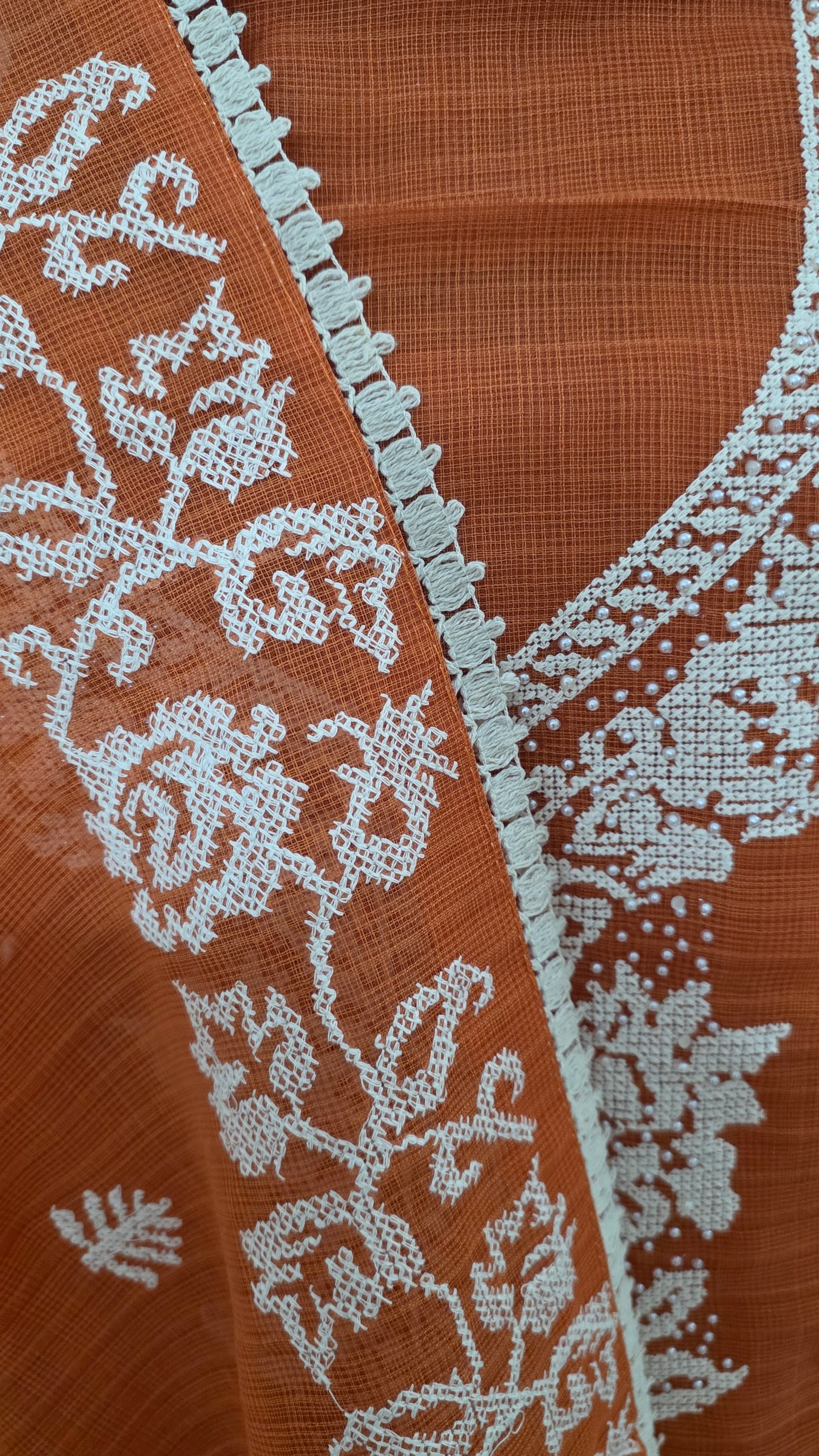 Rust Orange three piece Kota Cotton Cross stitch work suit dress material