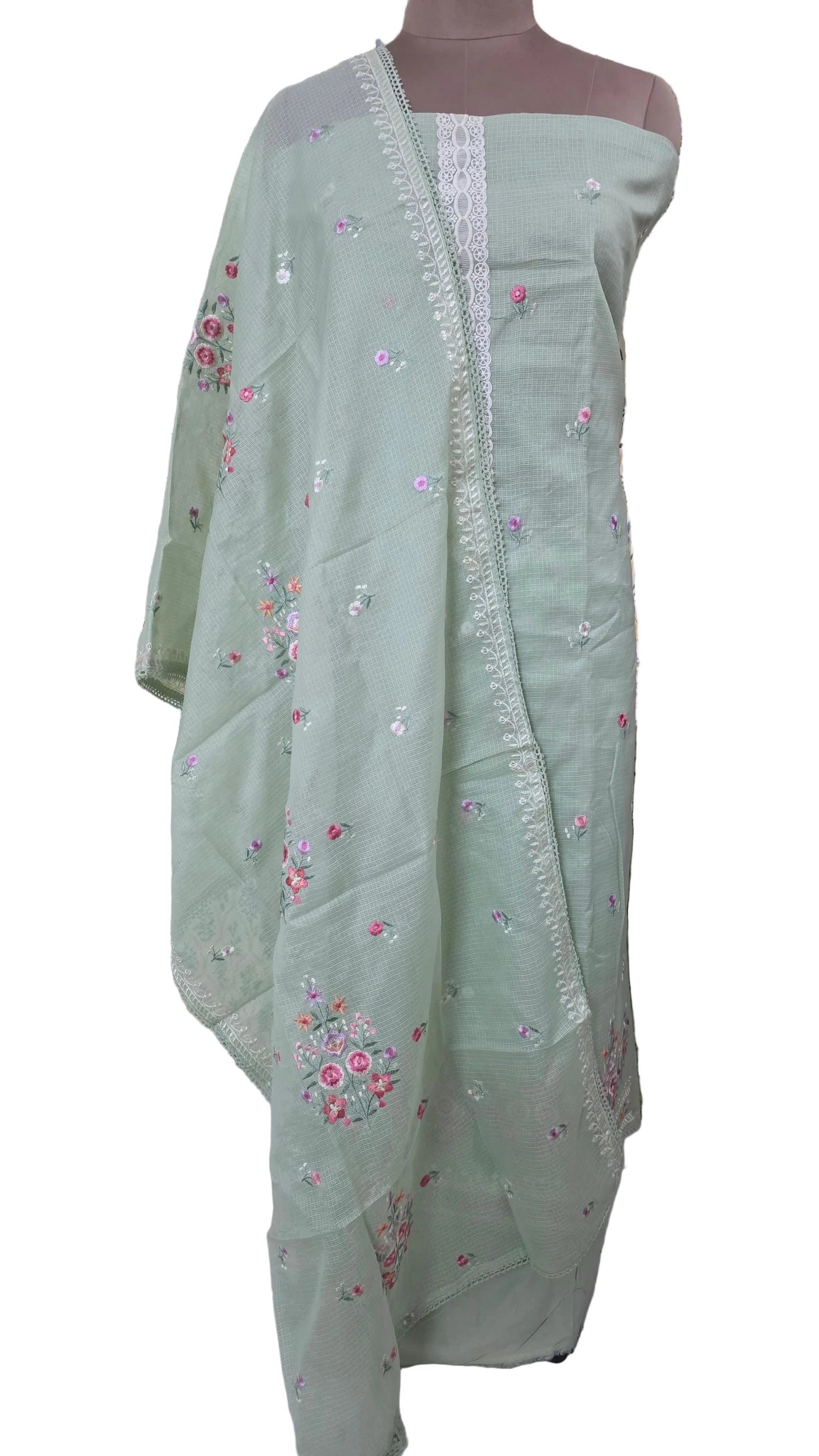 Light Green three piece Kota embroidered suit dress material