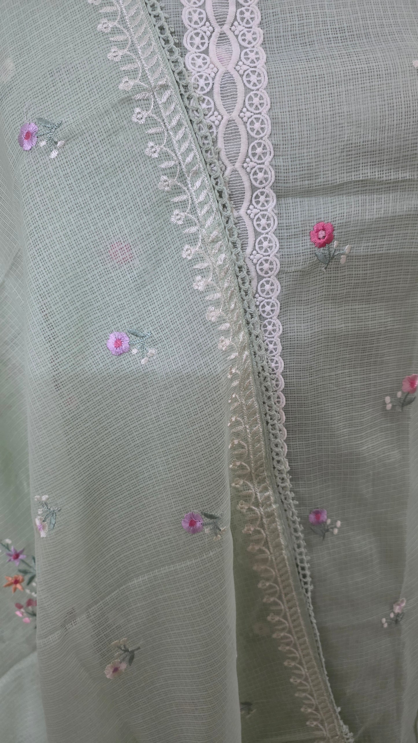 Light Green three piece Kota embroidered suit dress material
