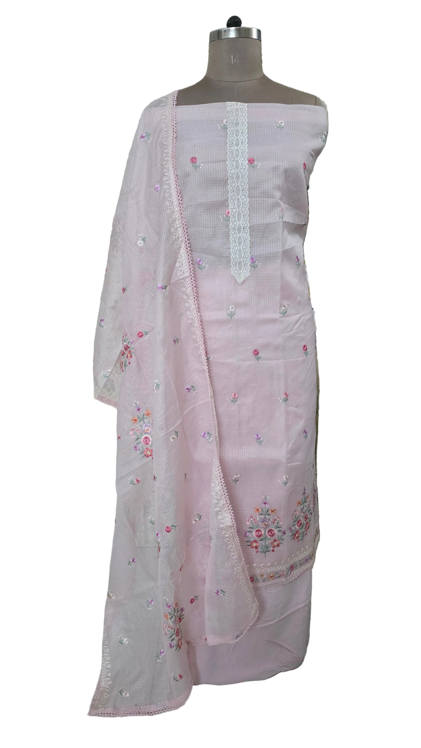 Pastel Pink three piece Kota Cotton embroidered suit dress material