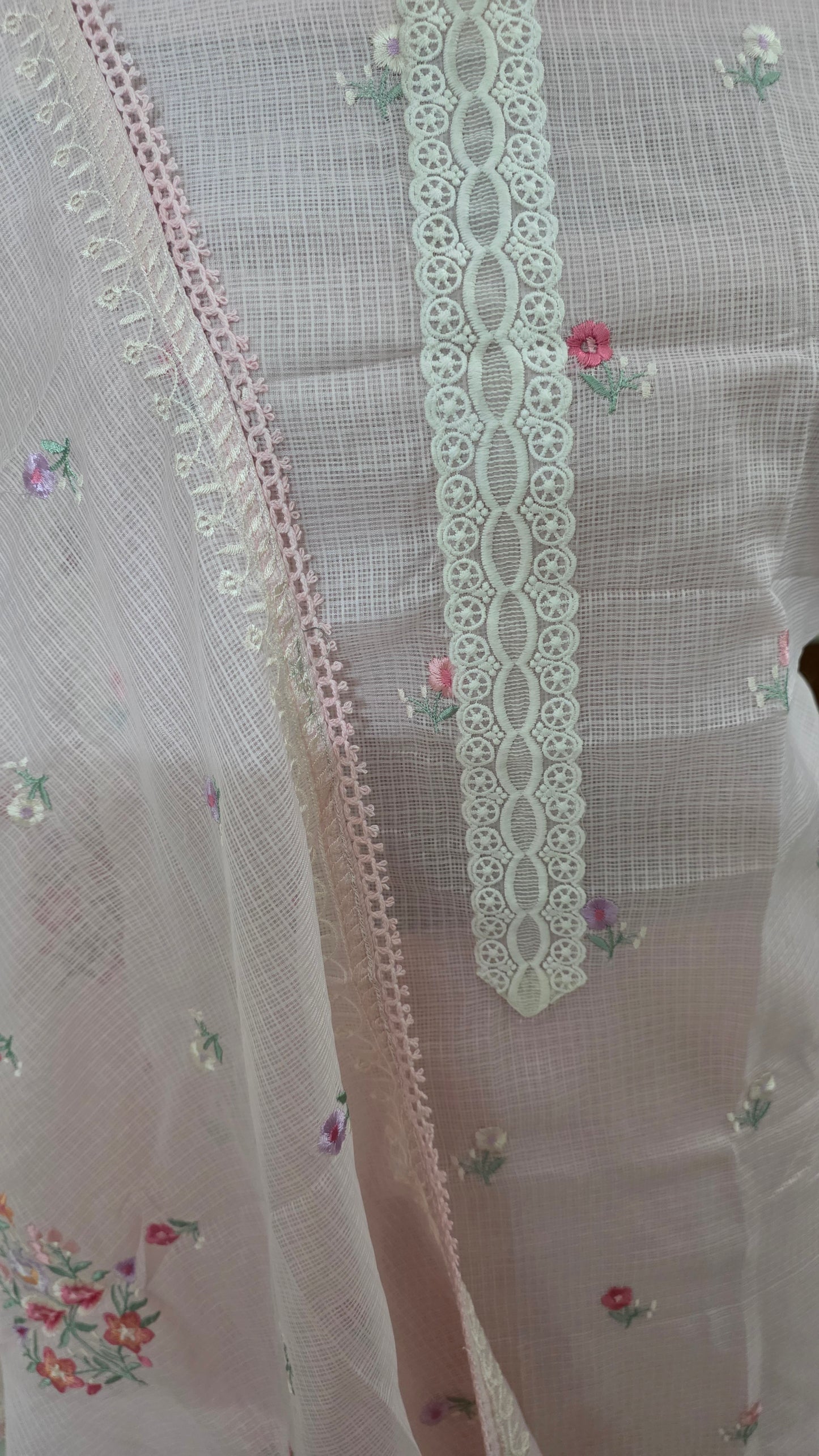 Pastel Pink three piece Kota Cotton embroidered suit dress material