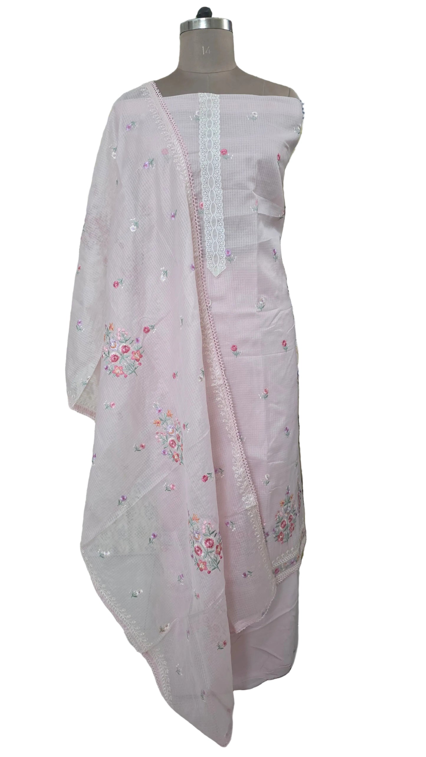 Pastel Pink three piece Kota Cotton embroidered suit dress material