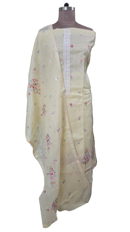 Lemon yellow three piece Kota Cotton embroidered suit dress material