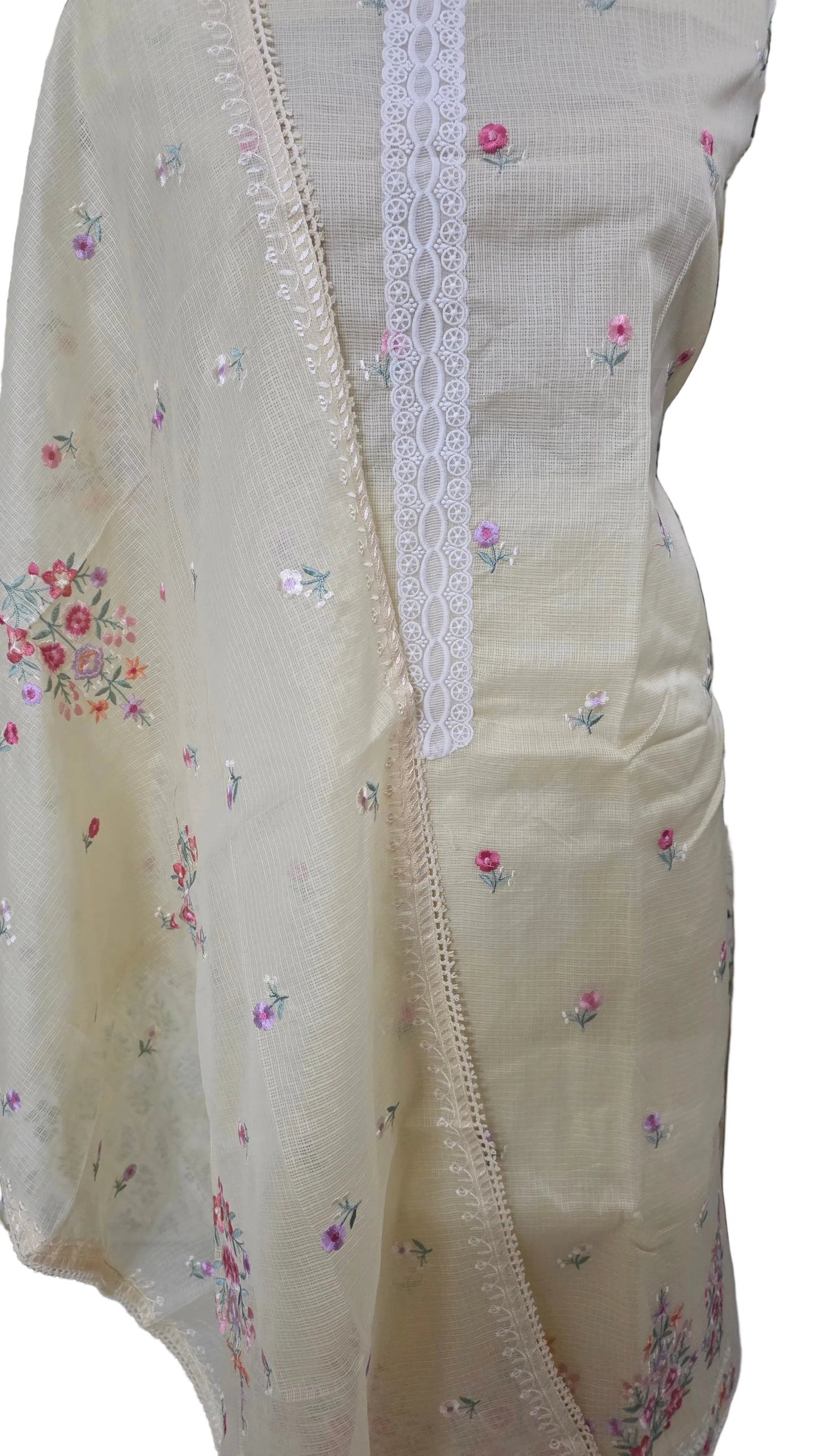 Lemon yellow three piece Kota Cotton embroidered suit dress material