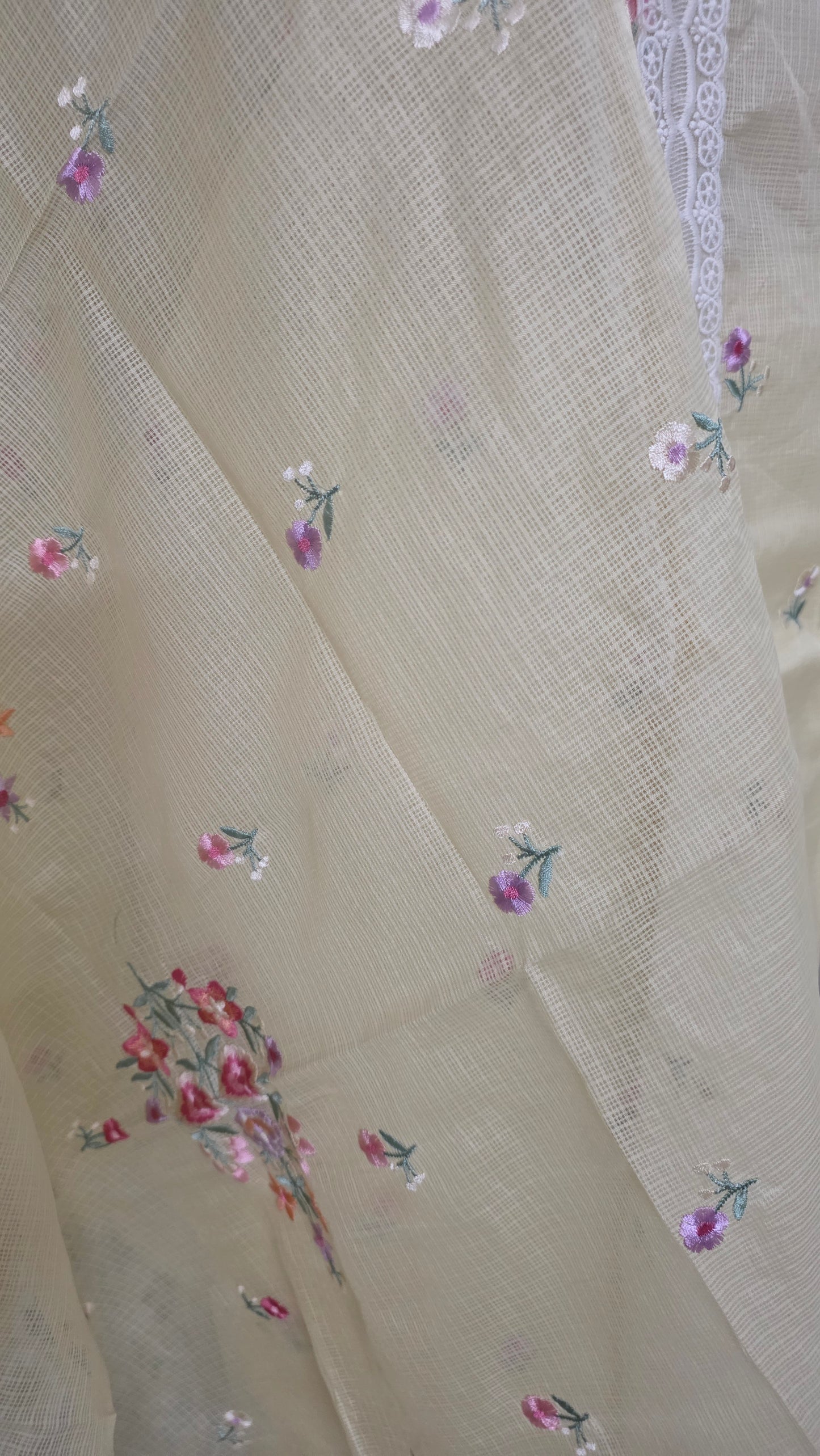 Lemon yellow three piece Kota Cotton embroidered suit dress material