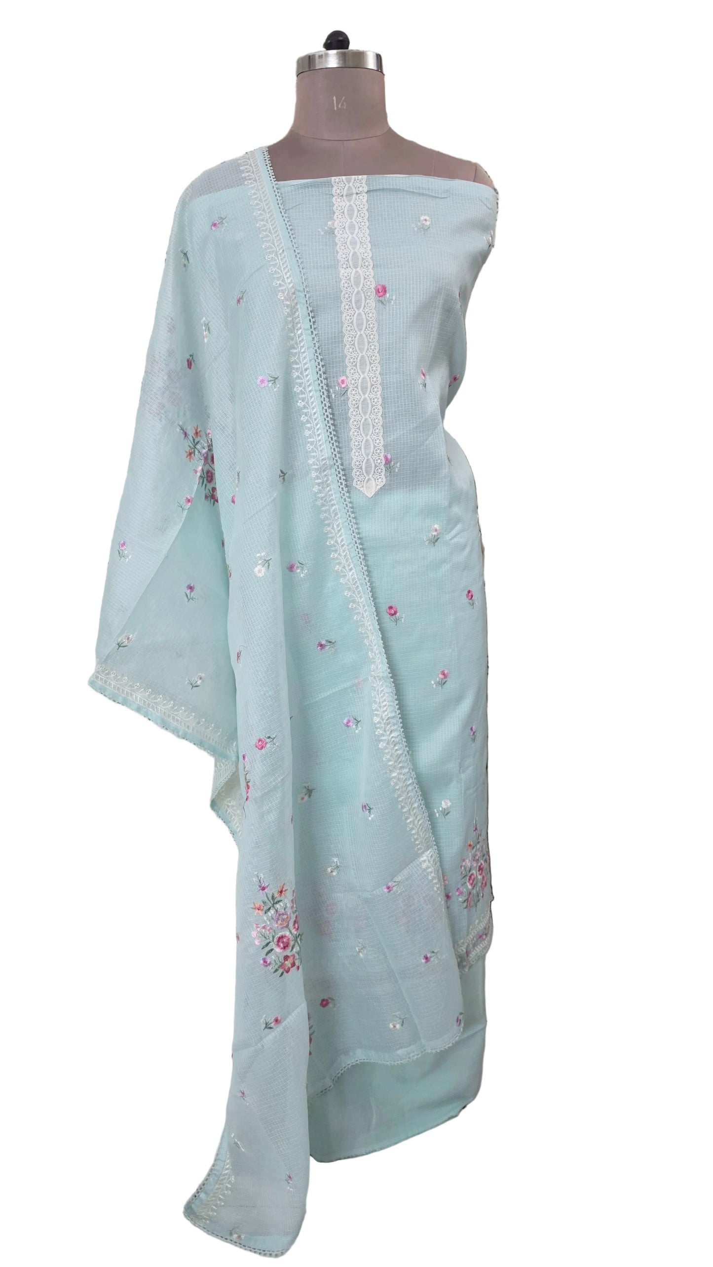 Turquoise three piece Kota Cotton embroidered suit dress material