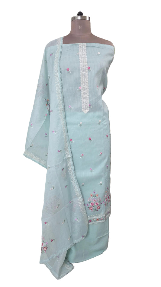 Turquoise three piece Kota Cotton embroidered suit dress material