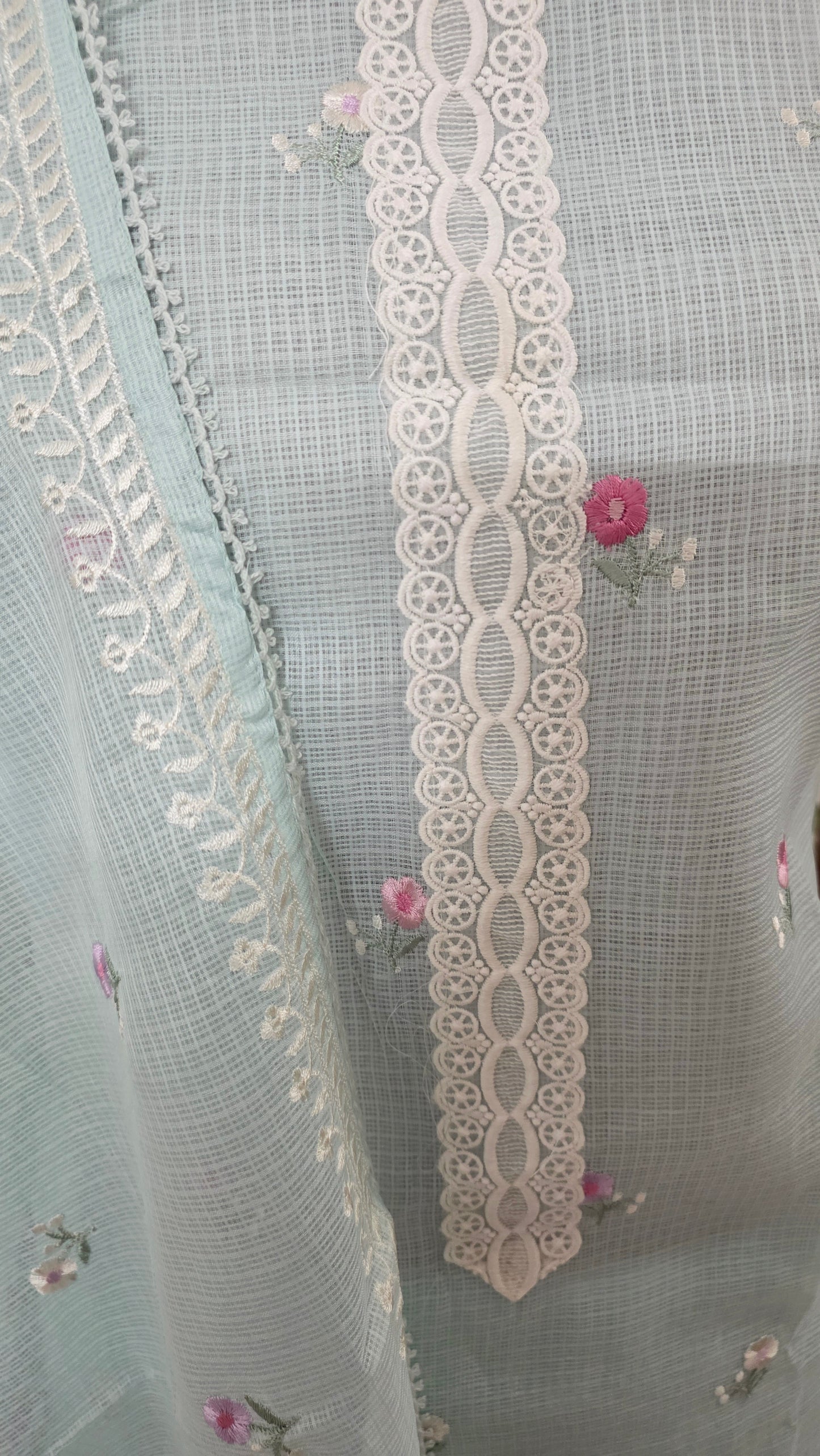 Turquoise three piece Kota Cotton embroidered suit dress material