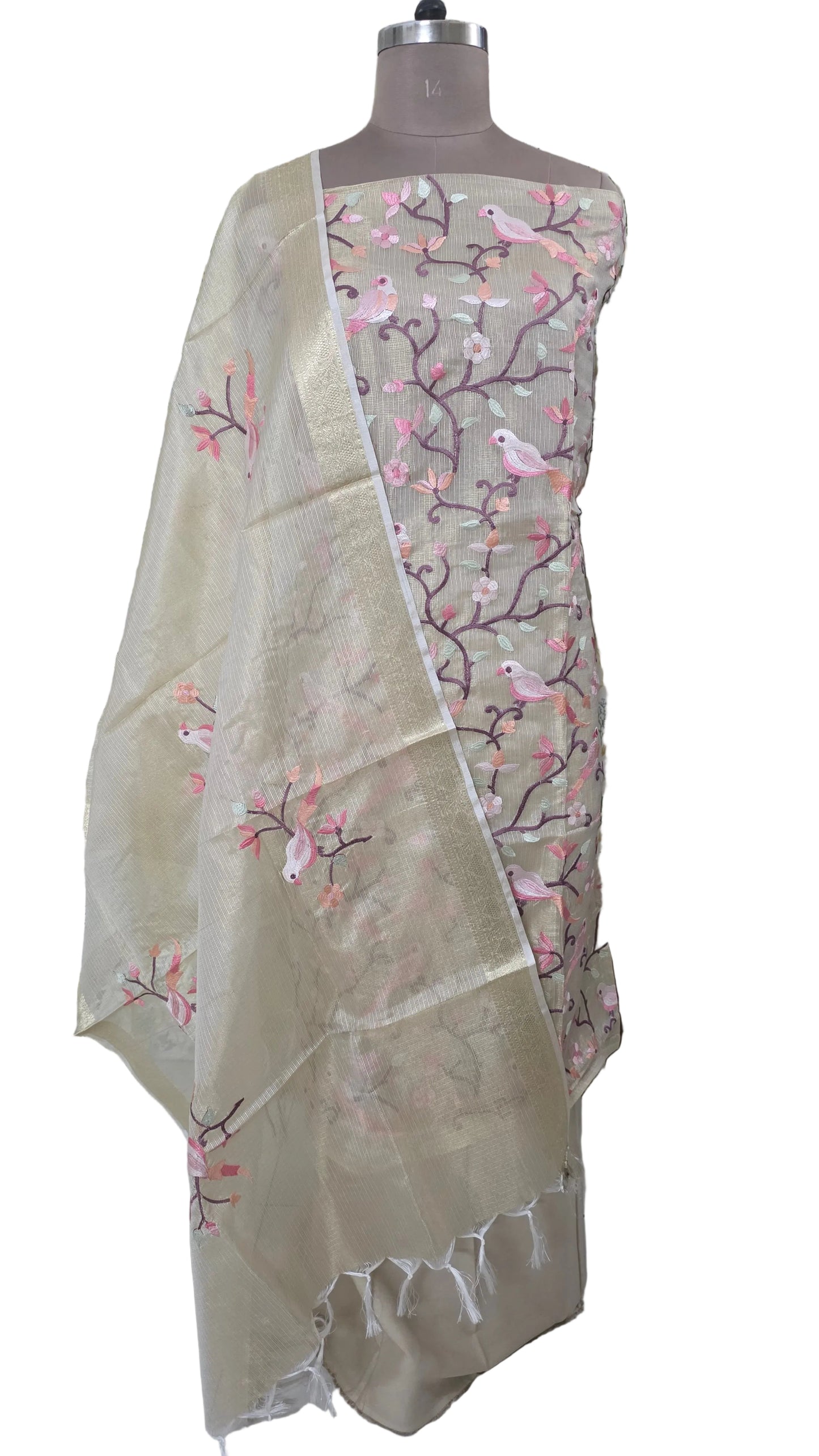 Golden Beige Tissue Kota Bird Motif embroidery suit dress material
