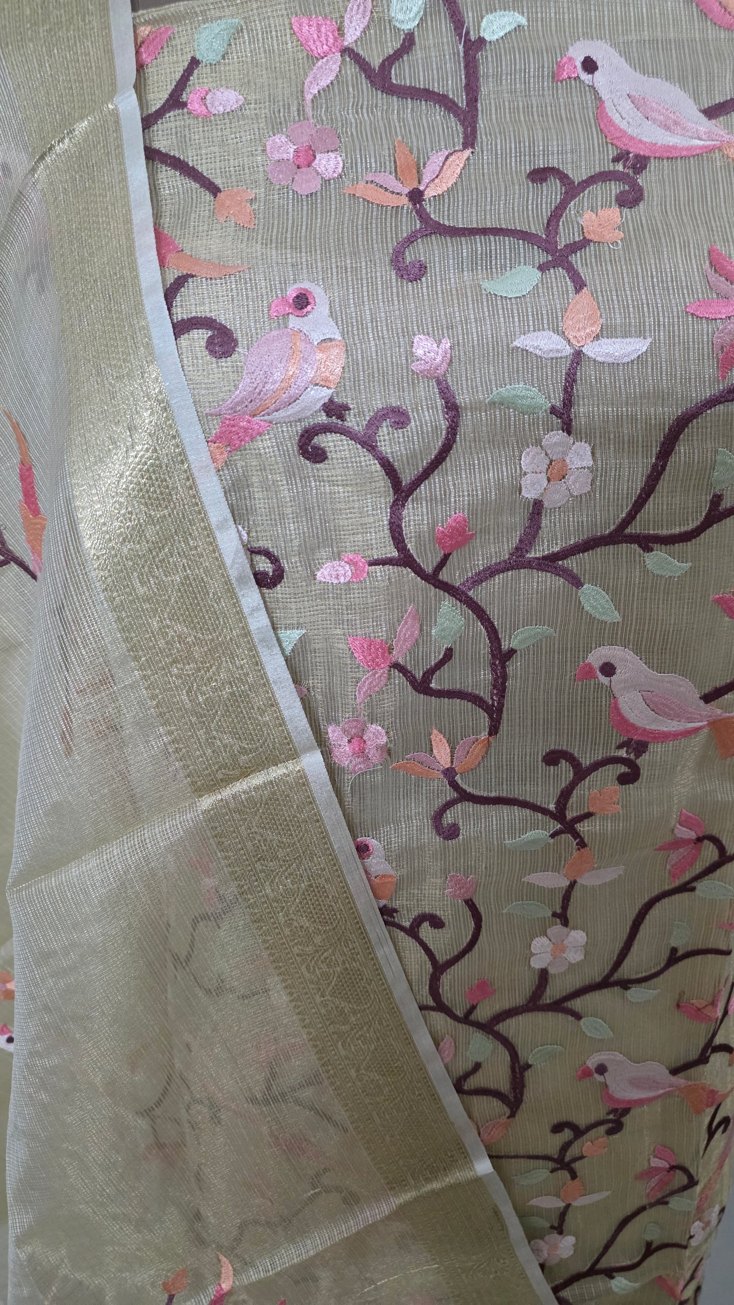 Golden Beige Tissue Kota Bird Motif embroidery suit dress material