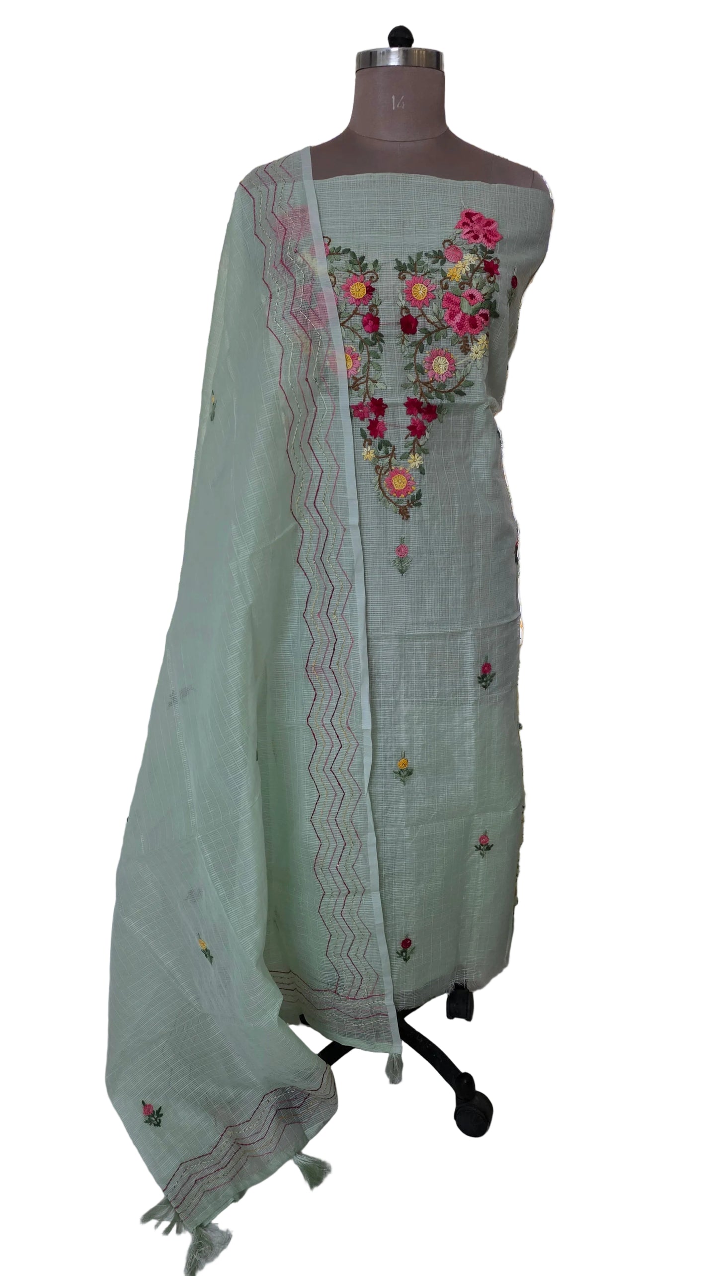 Light Green Silk Kota two piece suit dress material with Knot work