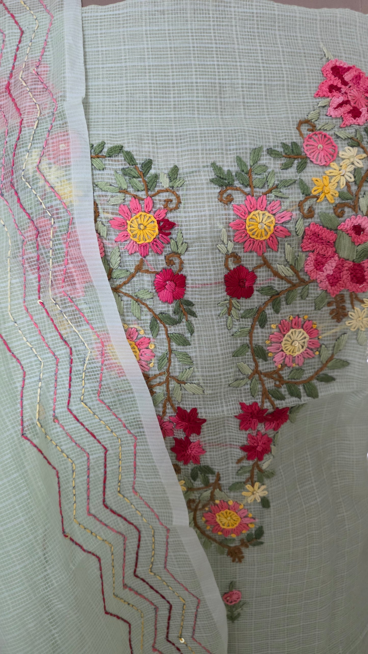 Light Green Silk Kota two piece suit dress material with Knot work