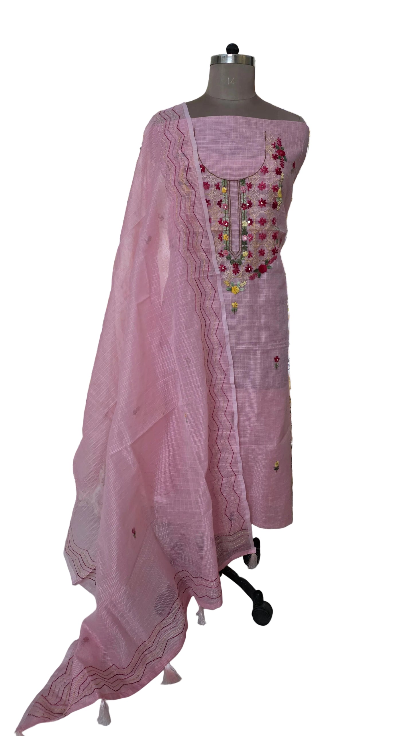 Baby Pink Silk Kota two piece suit dress material with Knot work
