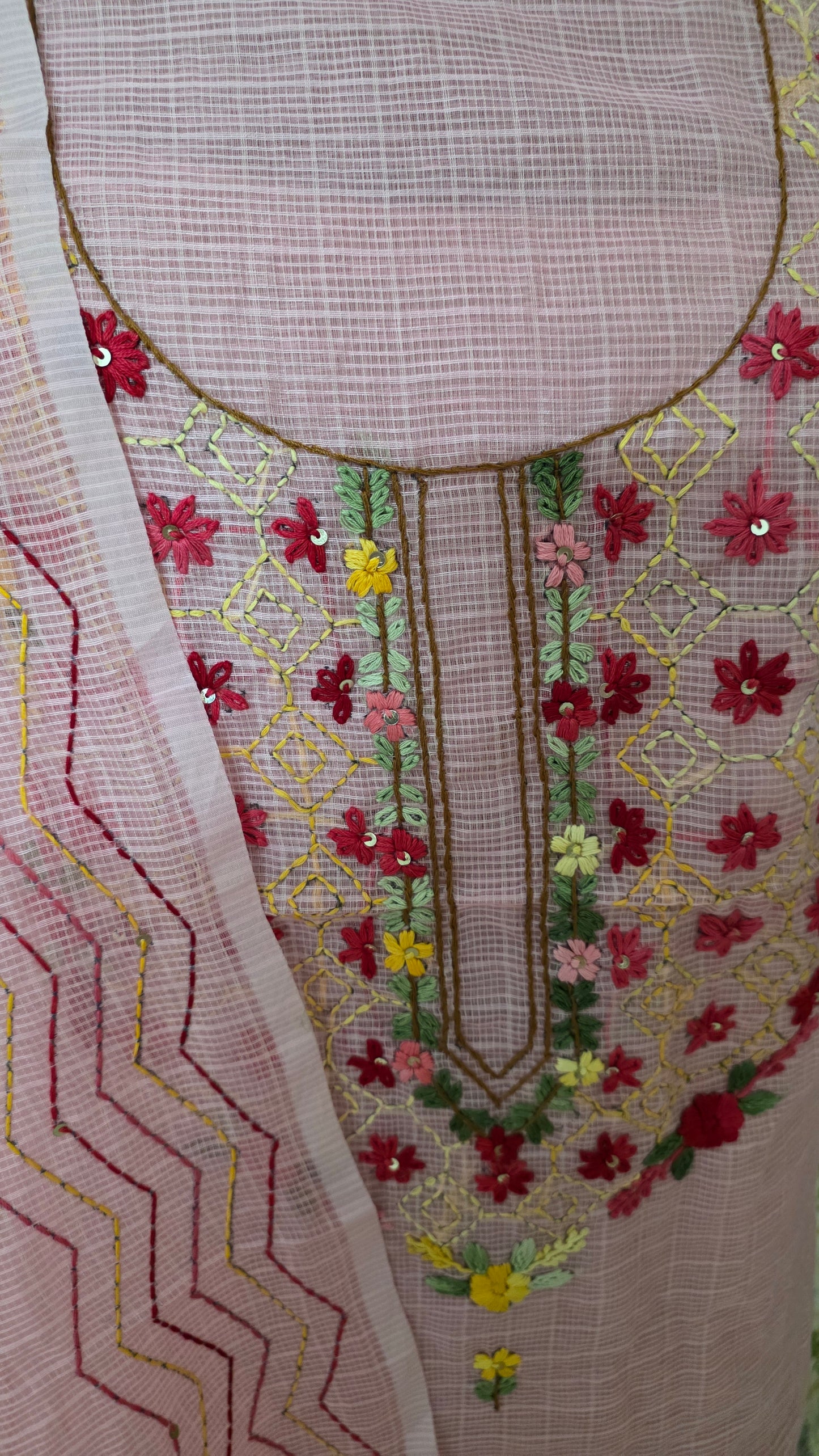 Baby Pink Silk Kota two piece suit dress material with Knot work