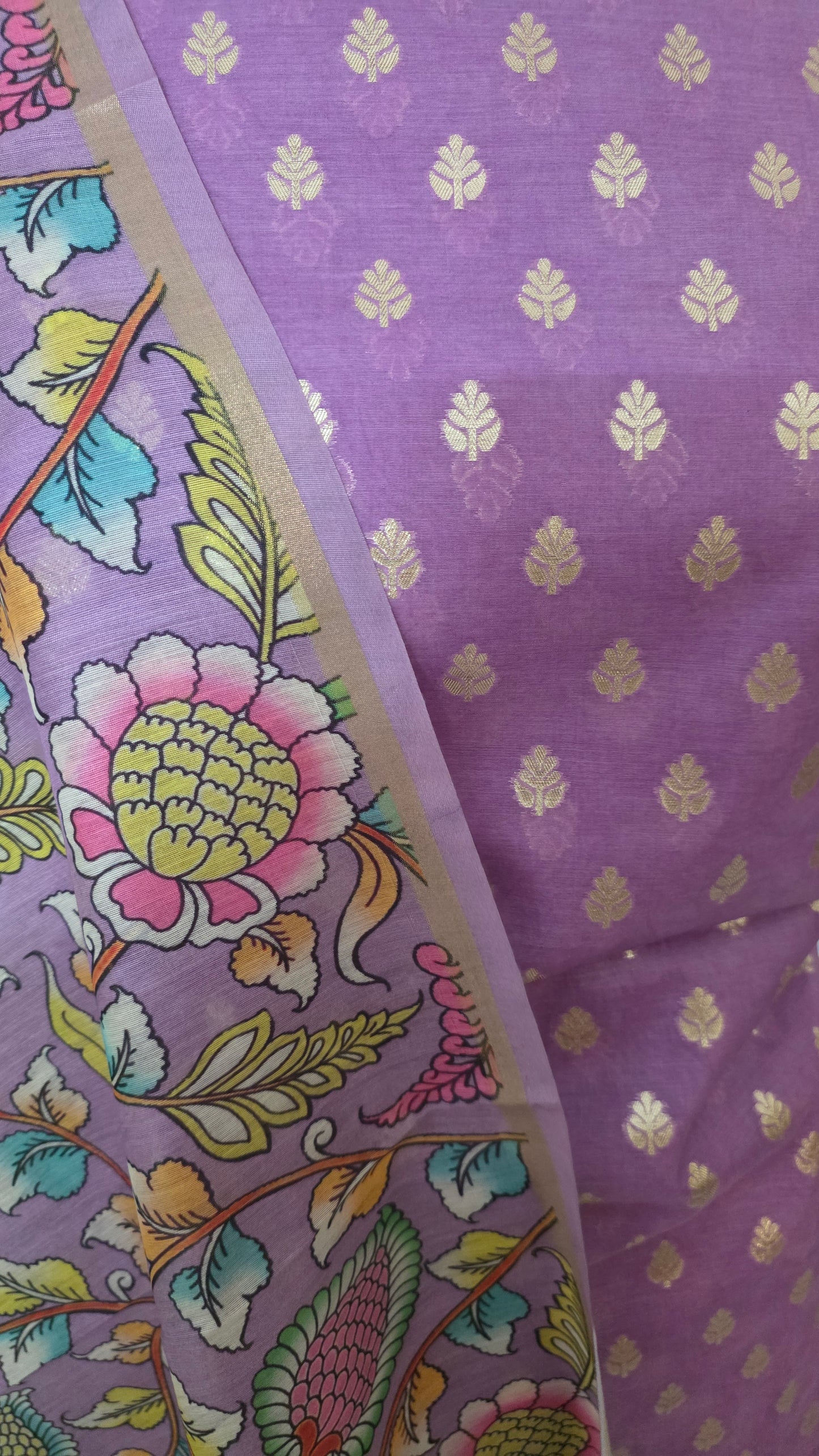 Banarasi Chiniya Silk Lavender three Piece Dress Material Suit Set with kalamkari Dupatta