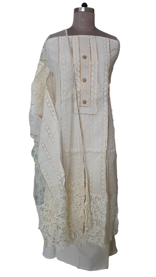 Pure Cotton Cream Hakoba laser cut suit dress material