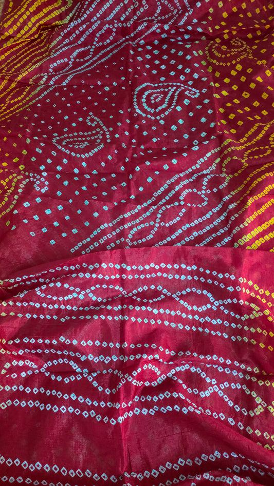Red Bandhani Bandhej Printed Art Silk Saree KCBAN03