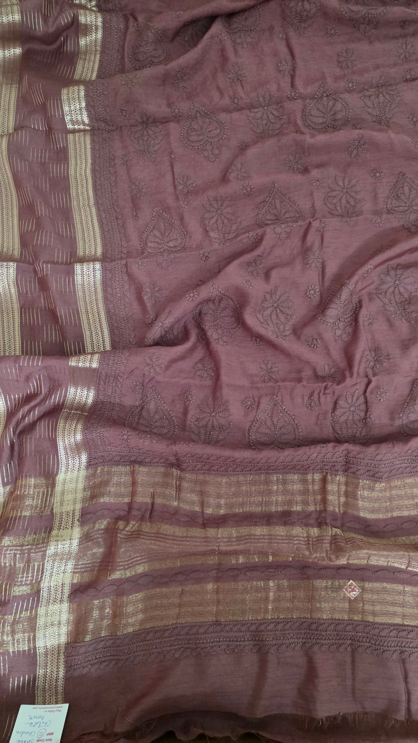 Chikankari Hand Work Mul Chanderi Chocolate Brown Saree