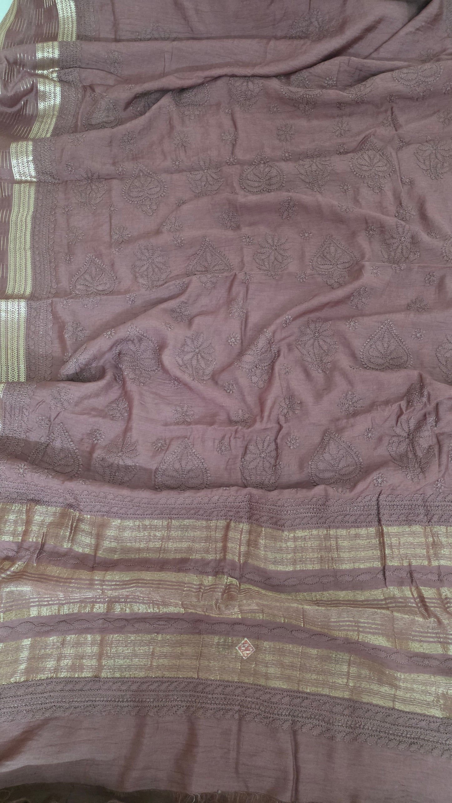 Chikankari Hand Work Mul Chanderi Chocolate Brown Saree