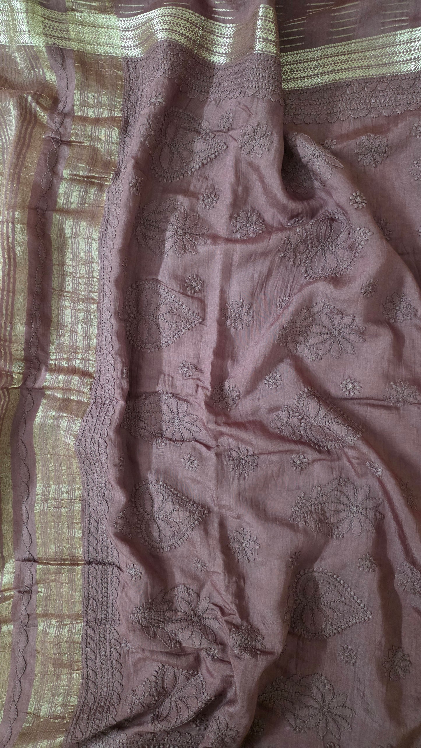 Chikankari Hand Work Mul Chanderi Chocolate Brown Saree