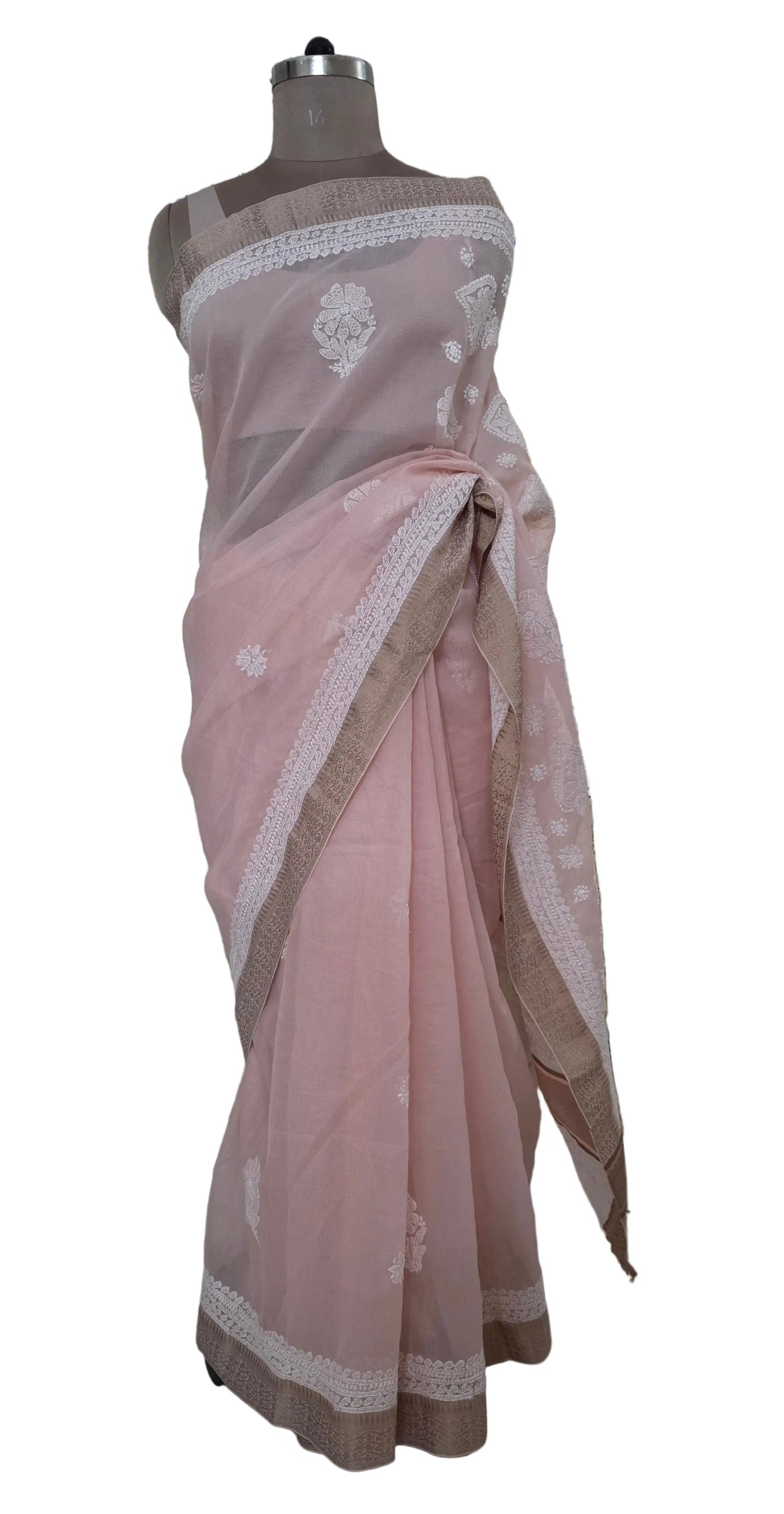Original Chikankari Hand Work Kota Peach Cotton saree with Handloom Border