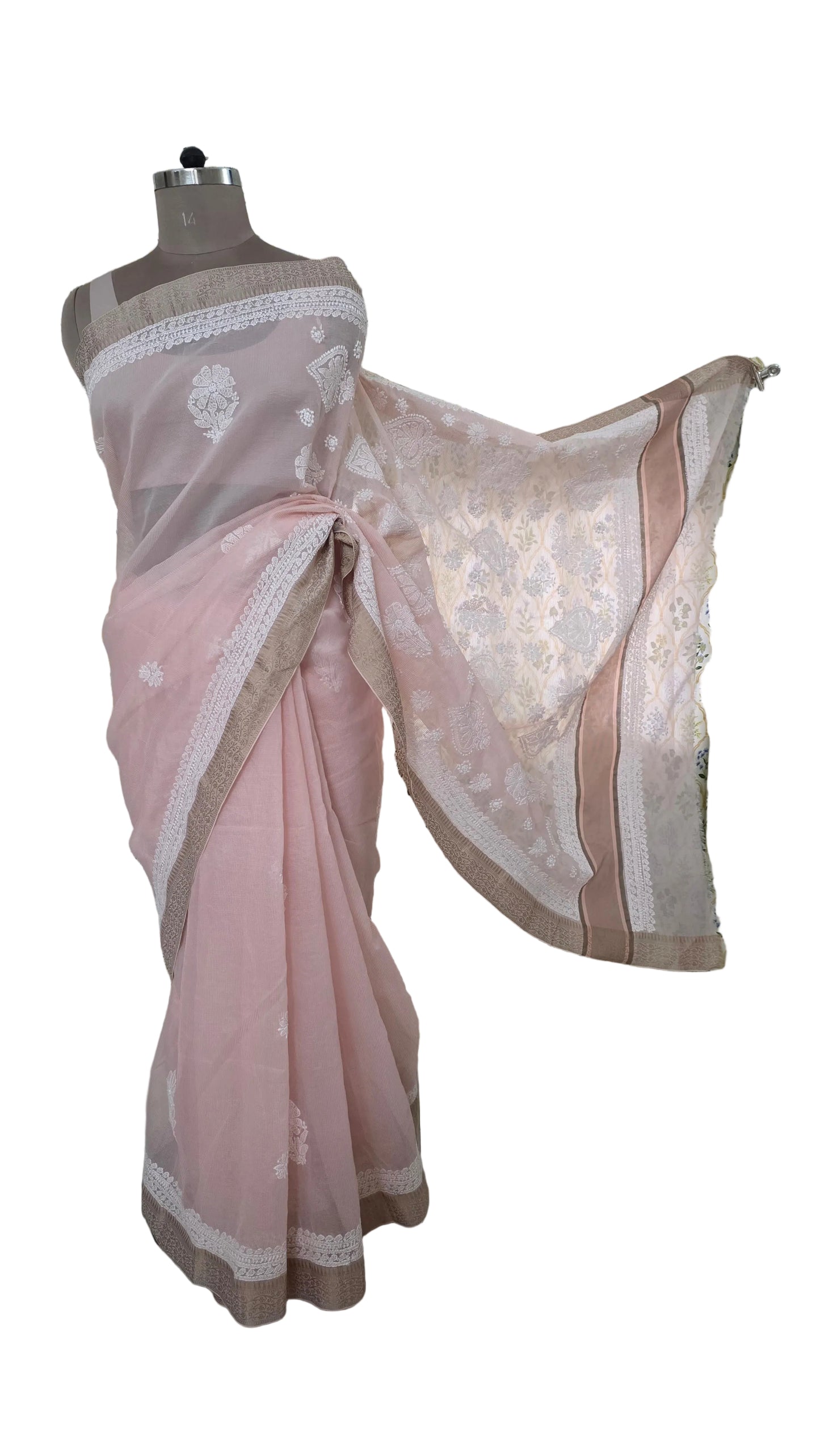 Original Chikankari Hand Work Kota Peach Cotton saree with Handloom Border