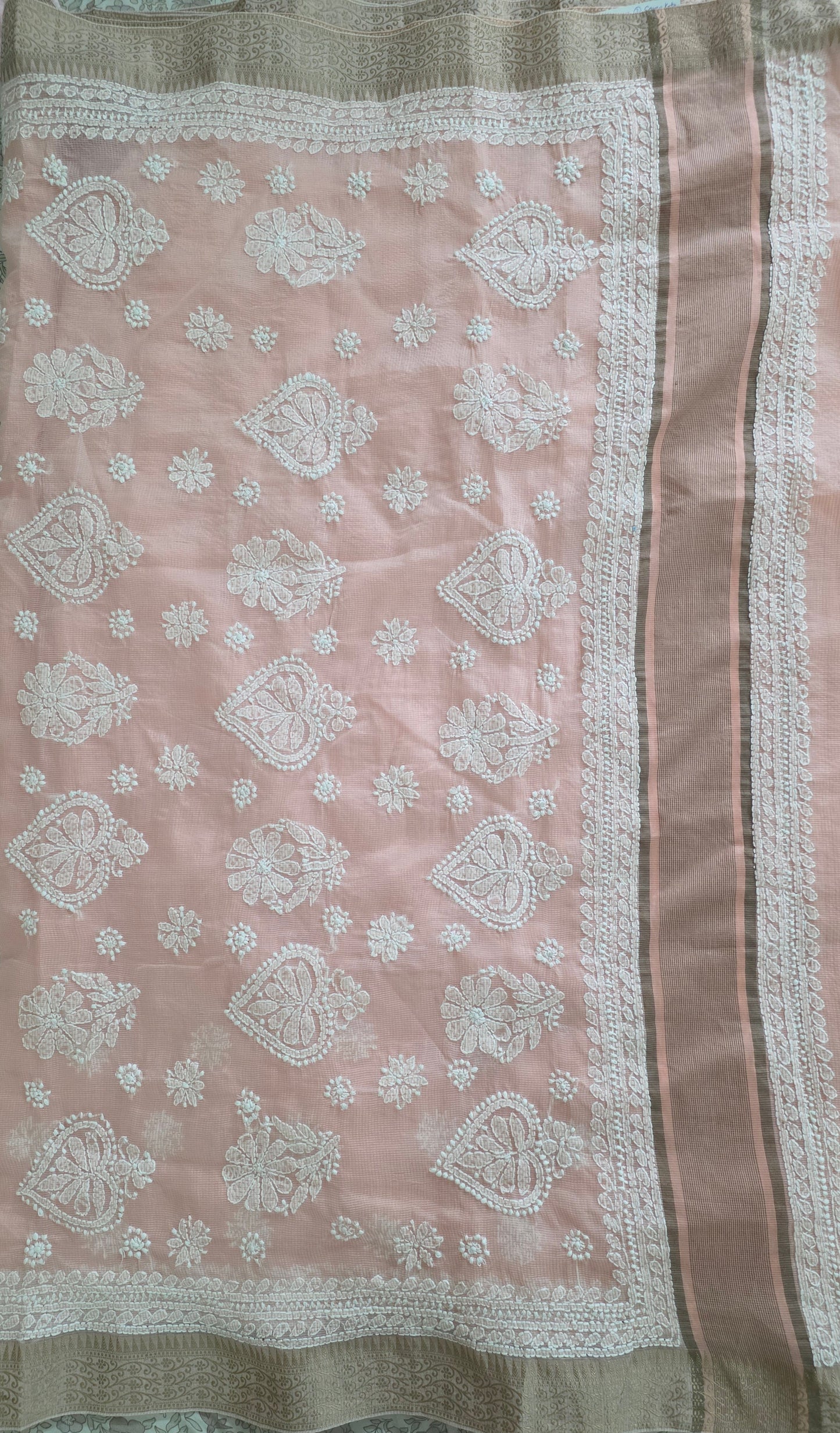 Original Chikankari Hand Work Kota Peach Cotton saree with Handloom Border