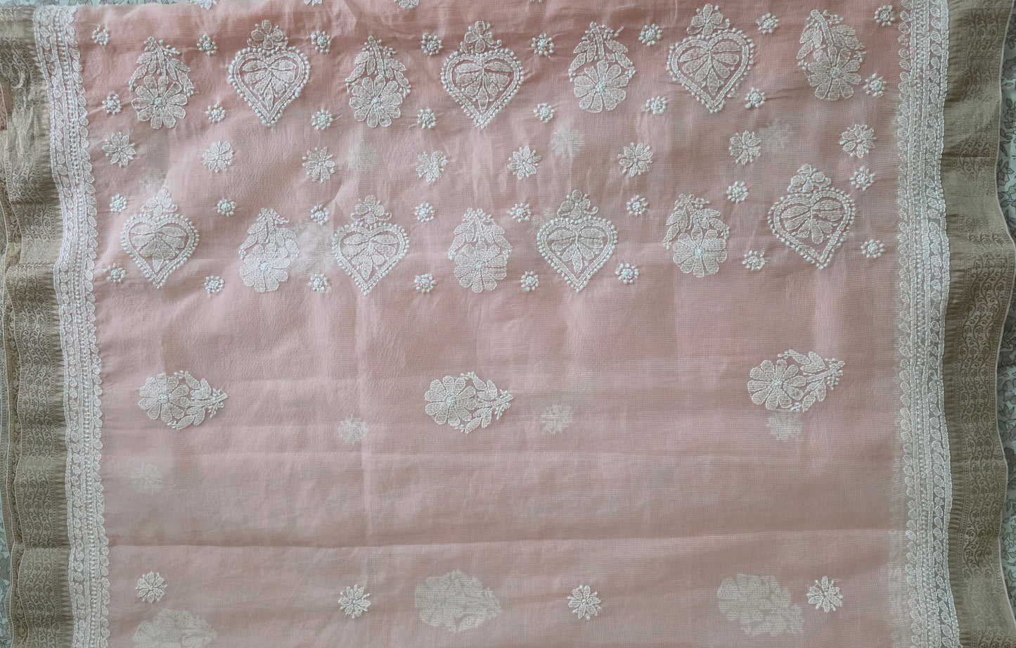 Original Chikankari Hand Work Kota Peach Cotton saree with Handloom Border