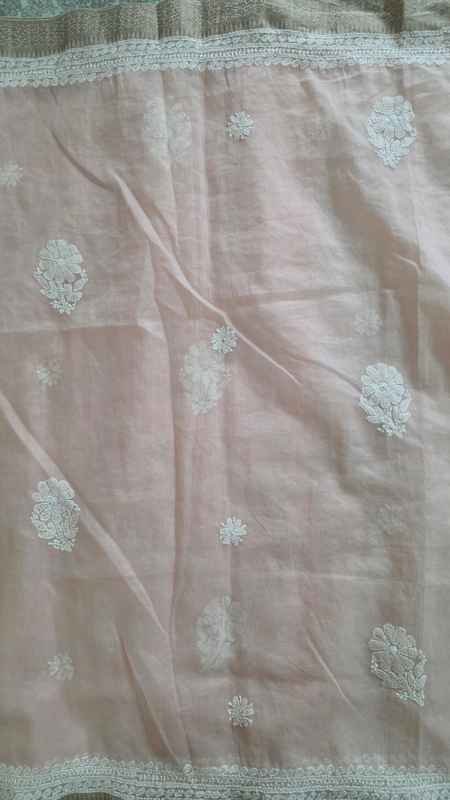 Original Chikankari Hand Work Kota Peach Cotton saree with Handloom Border