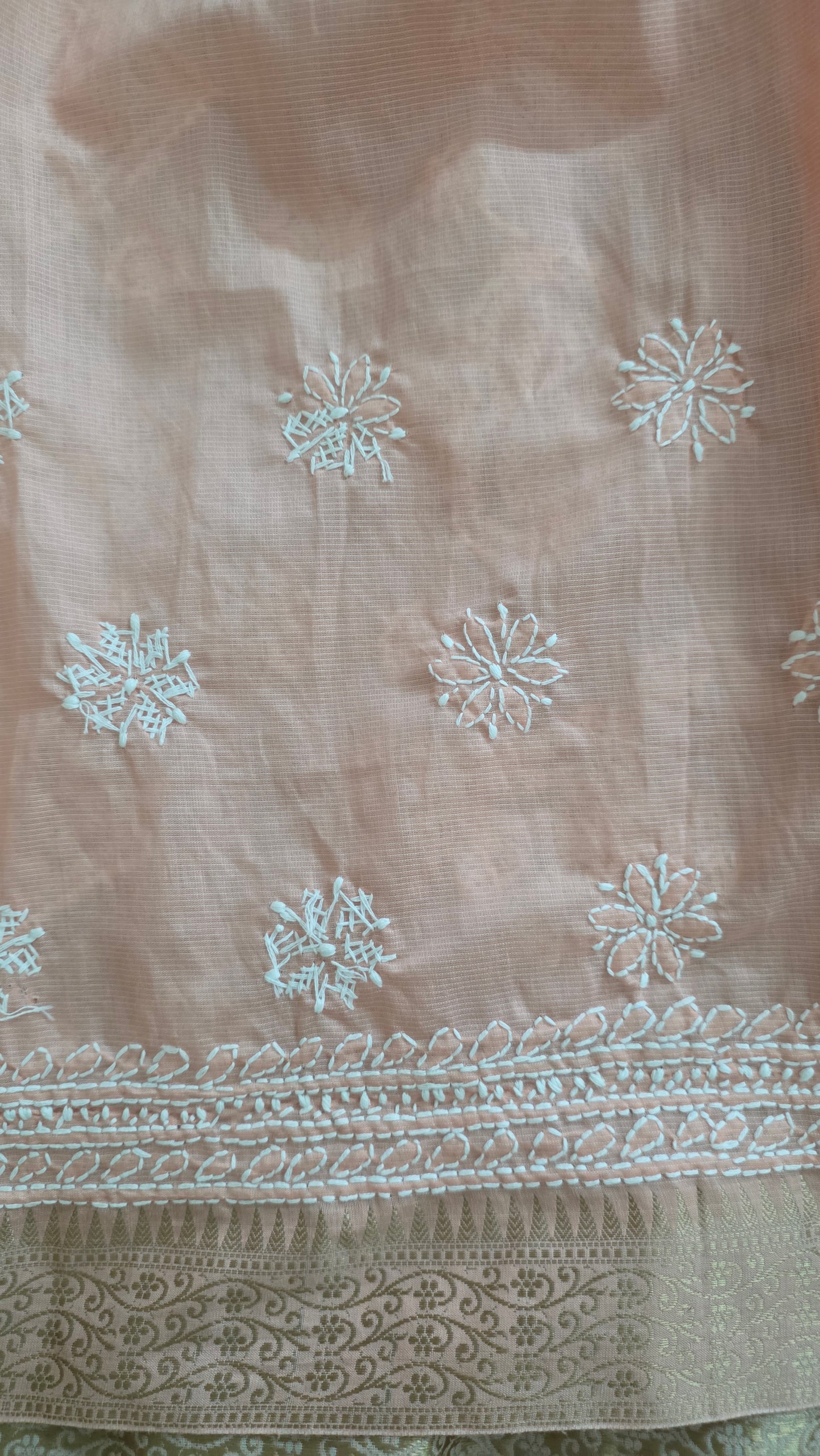 Original Chikankari Hand Work Kota Peach Cotton saree with Handloom Border